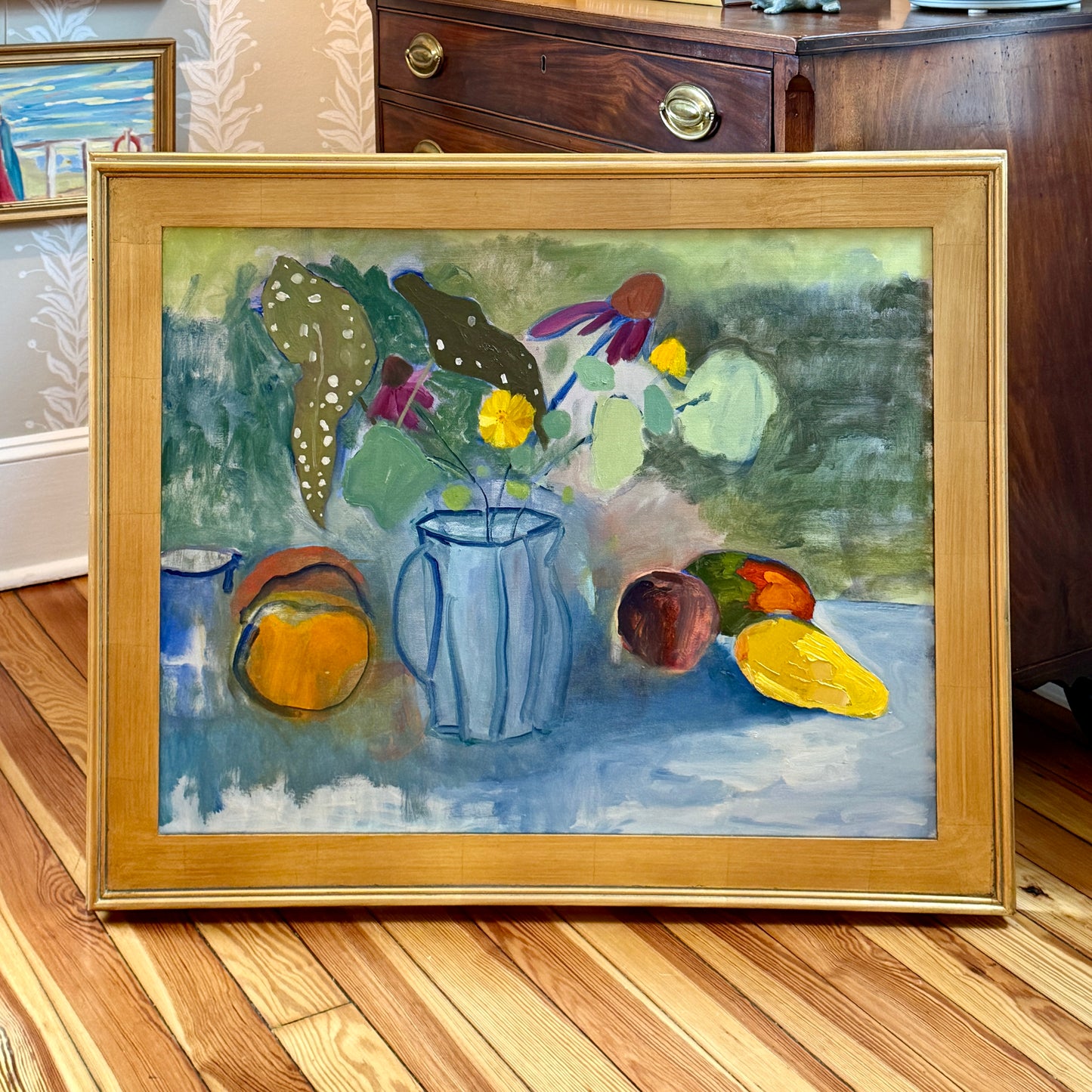 Gretchen McGinnis Polka Dot Begonia Floral Still Life Oil Painting in Gold Frame