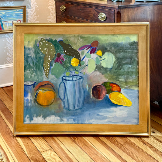 Gretchen McGinnis Polka Dot Begonia Floral Still Life Oil Painting in Gold Frame