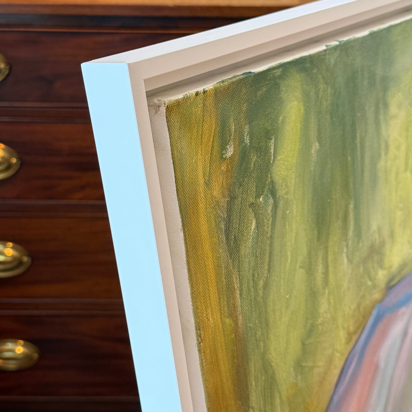 Gretchen McGinnis Gallop Horse Portrait Oil Painting in White Floater Frame