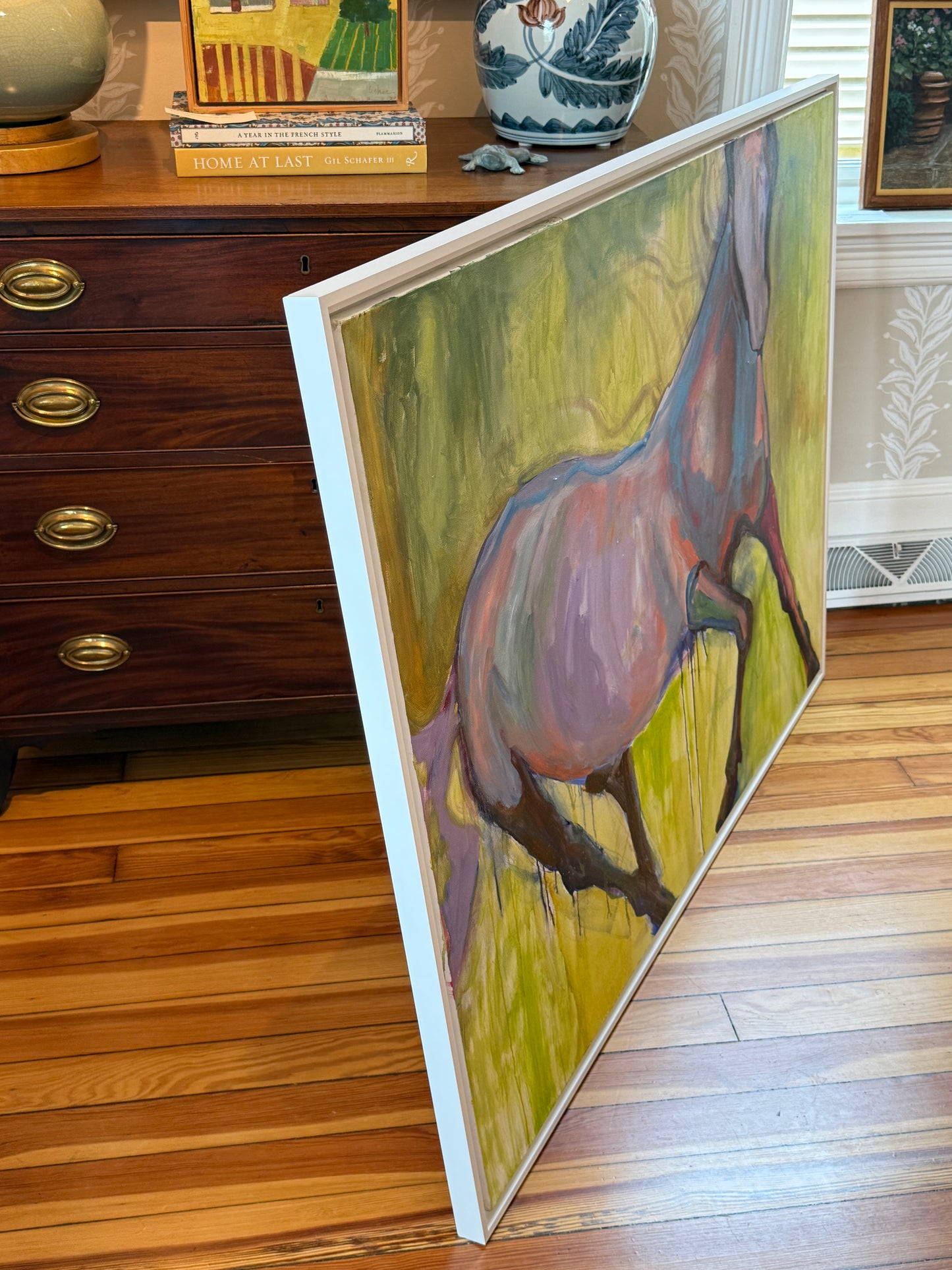 Gretchen McGinnis Gallop Horse Portrait Oil Painting in White Floater Frame
