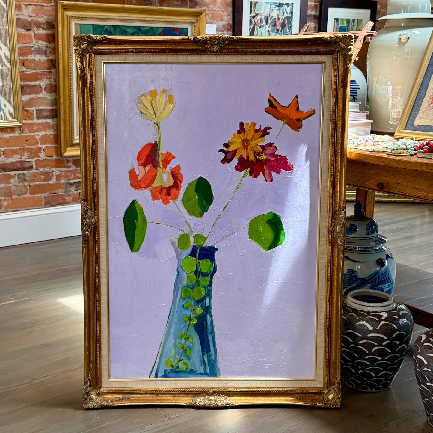 Gretchen McGinnis Big Lavender July Floral Still Life Oil Painting in Gold Frame