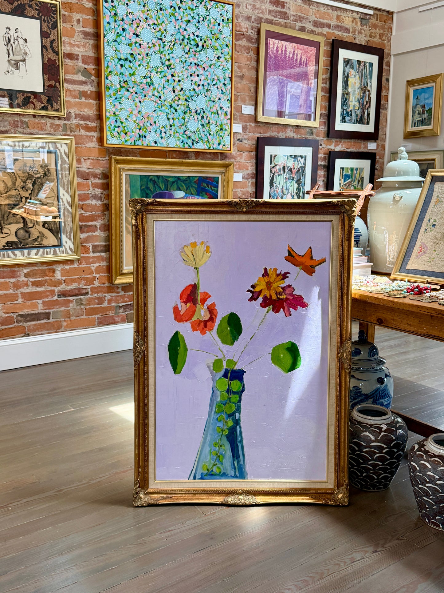 Gretchen McGinnis Big Lavender July Floral Still Life Oil Painting in Gold Frame