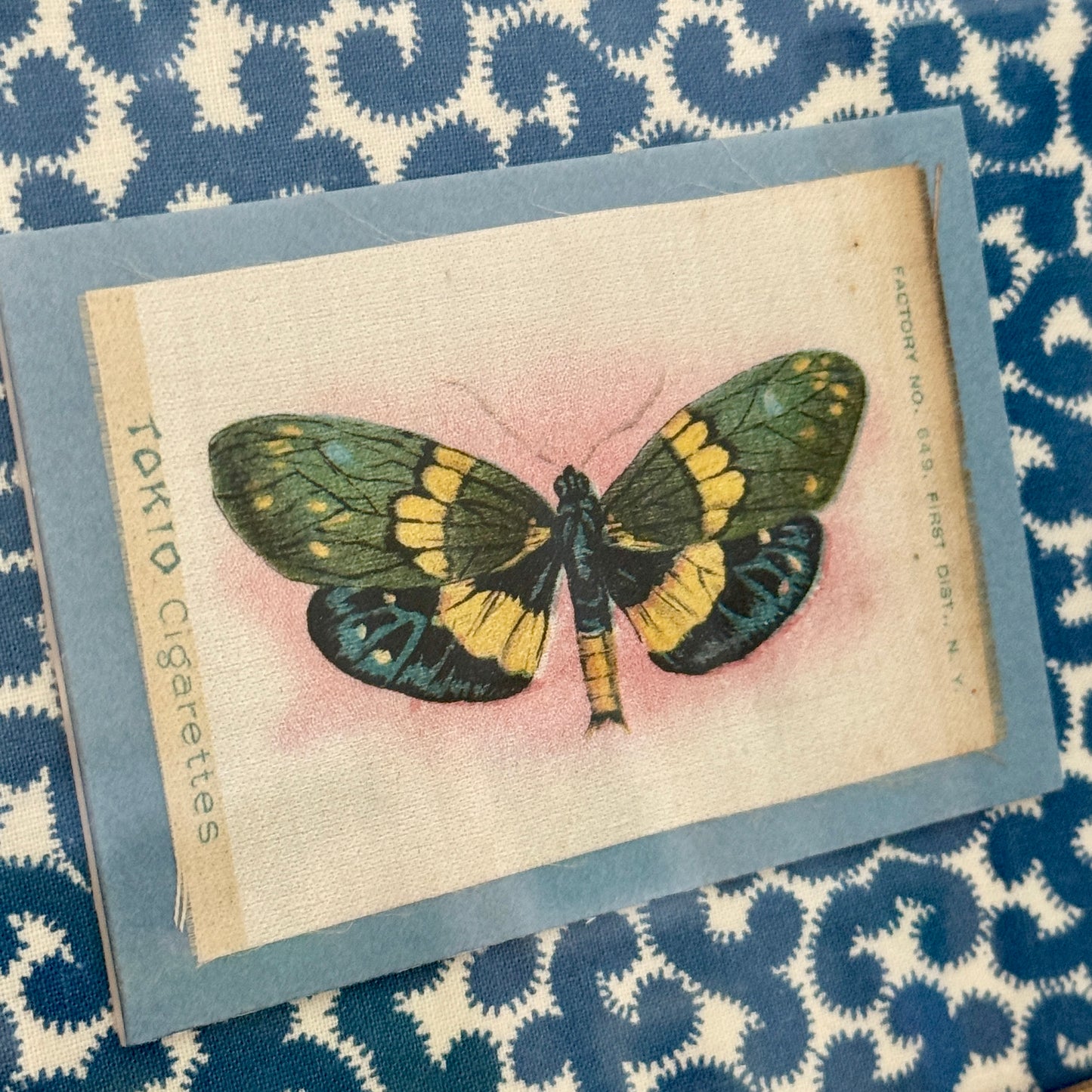 Set of Three Antique Butterfly Tobacco Silks on Blue and White Fabric in Gold Frames