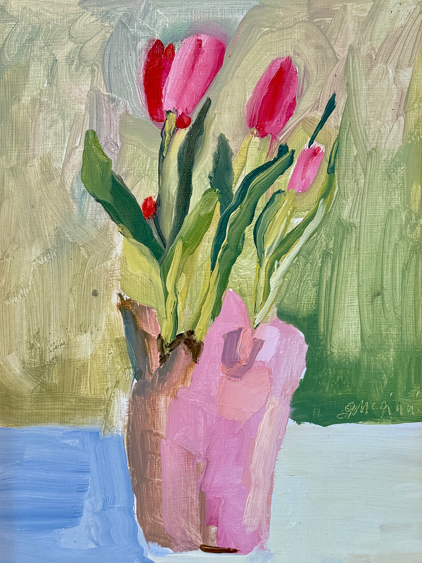 Gretchen McGinnis Pink Tulips Still Life Oil Painting in Vintage Gold Frame