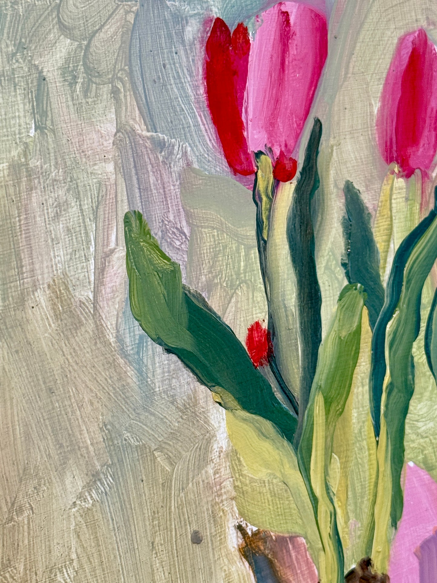 Gretchen McGinnis Pink Tulips Still Life Oil Painting in Vintage Gold Frame