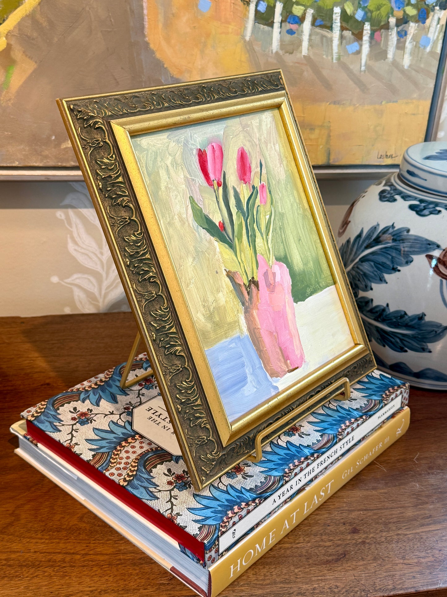 Gretchen McGinnis Pink Tulips Still Life Oil Painting in Vintage Gold Frame