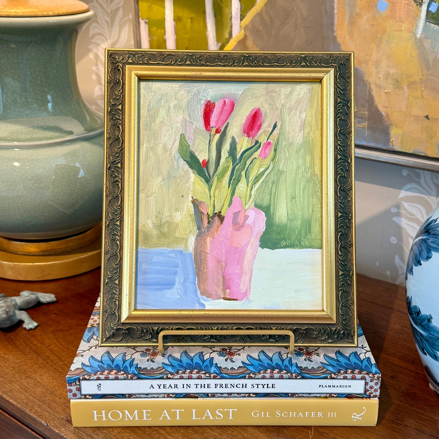 Gretchen McGinnis Pink Tulips Still Life Oil Painting in Vintage Gold Frame