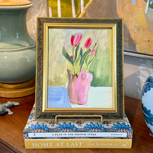 Gretchen McGinnis Pink Tulips Still Life Oil Painting in Vintage Gold Frame