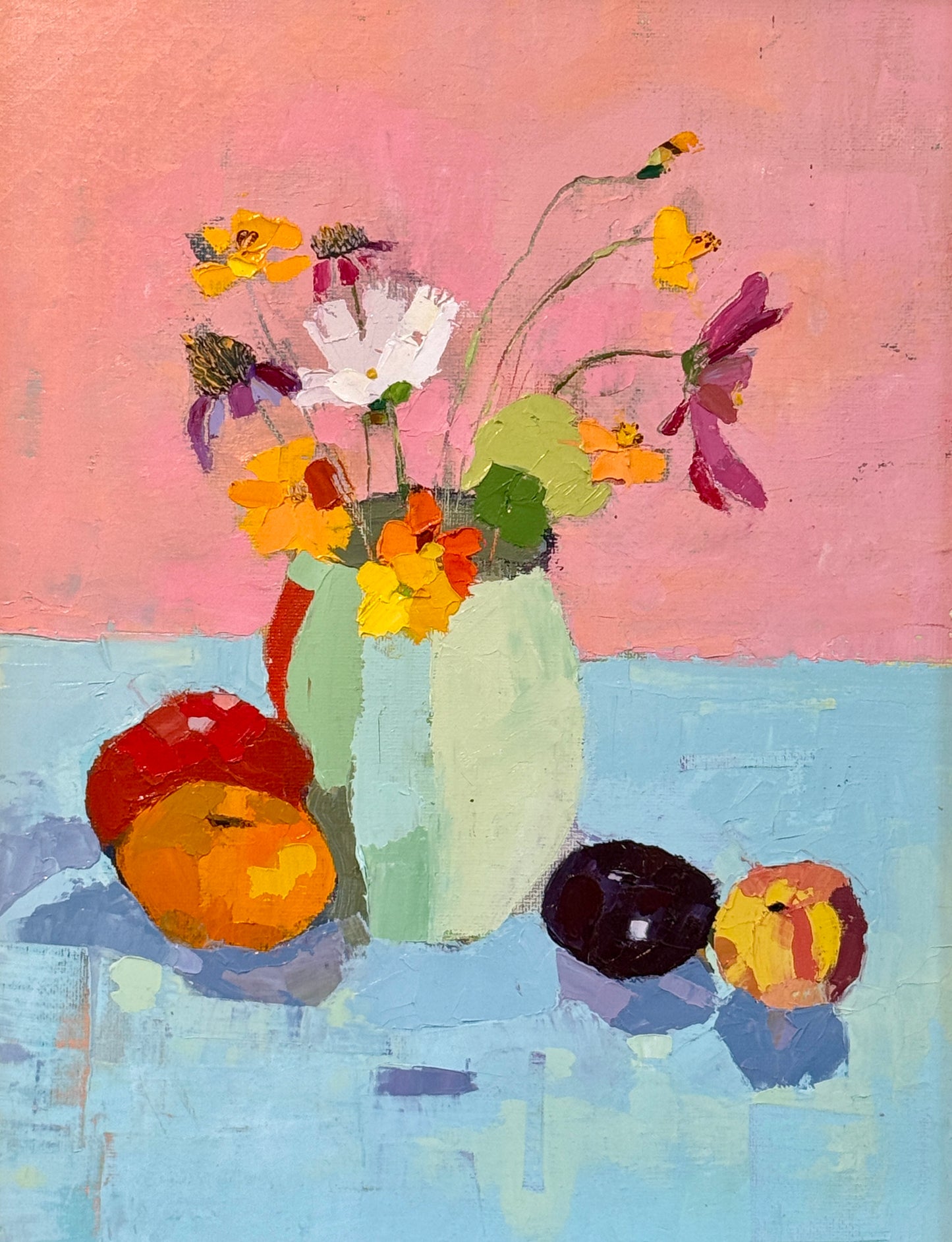 Gretchen McGinnis She's So Pretty Floral and Fruit Summer Still Life Oil Painting in Vintage Gold Frame