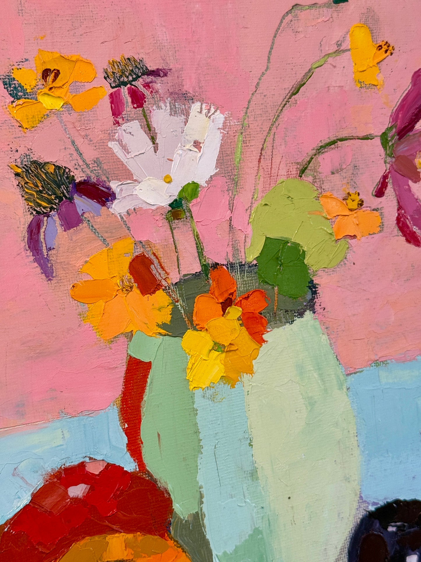 Gretchen McGinnis She's So Pretty Floral and Fruit Summer Still Life Oil Painting in Vintage Gold Frame