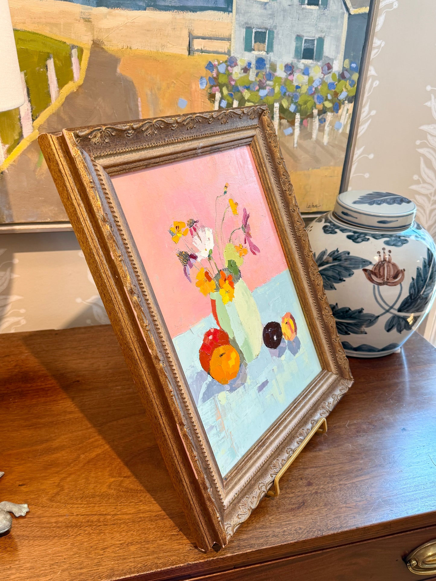 Gretchen McGinnis She's So Pretty Floral and Fruit Summer Still Life Oil Painting in Vintage Gold Frame