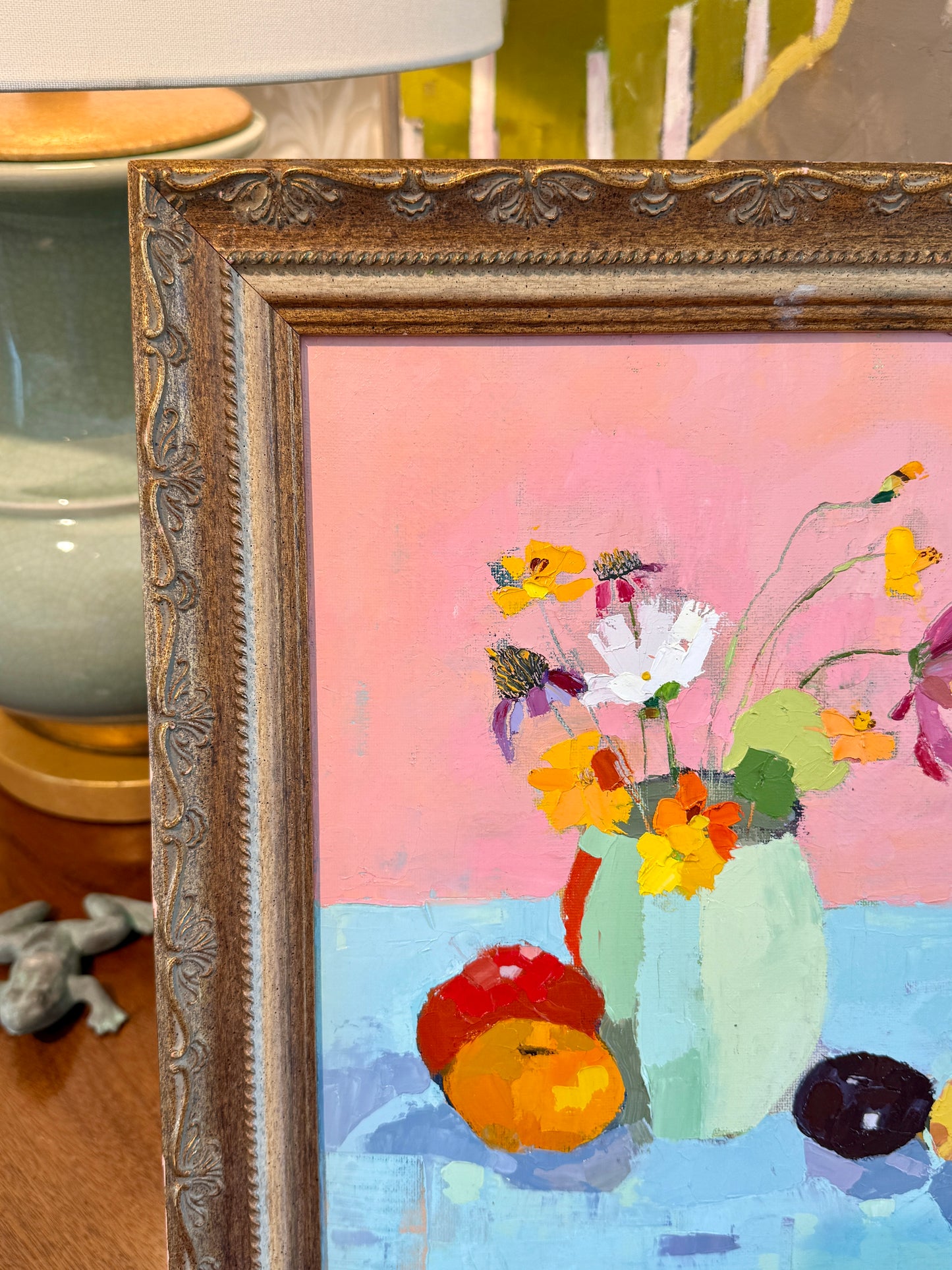 Gretchen McGinnis She's So Pretty Floral and Fruit Summer Still Life Oil Painting in Vintage Gold Frame