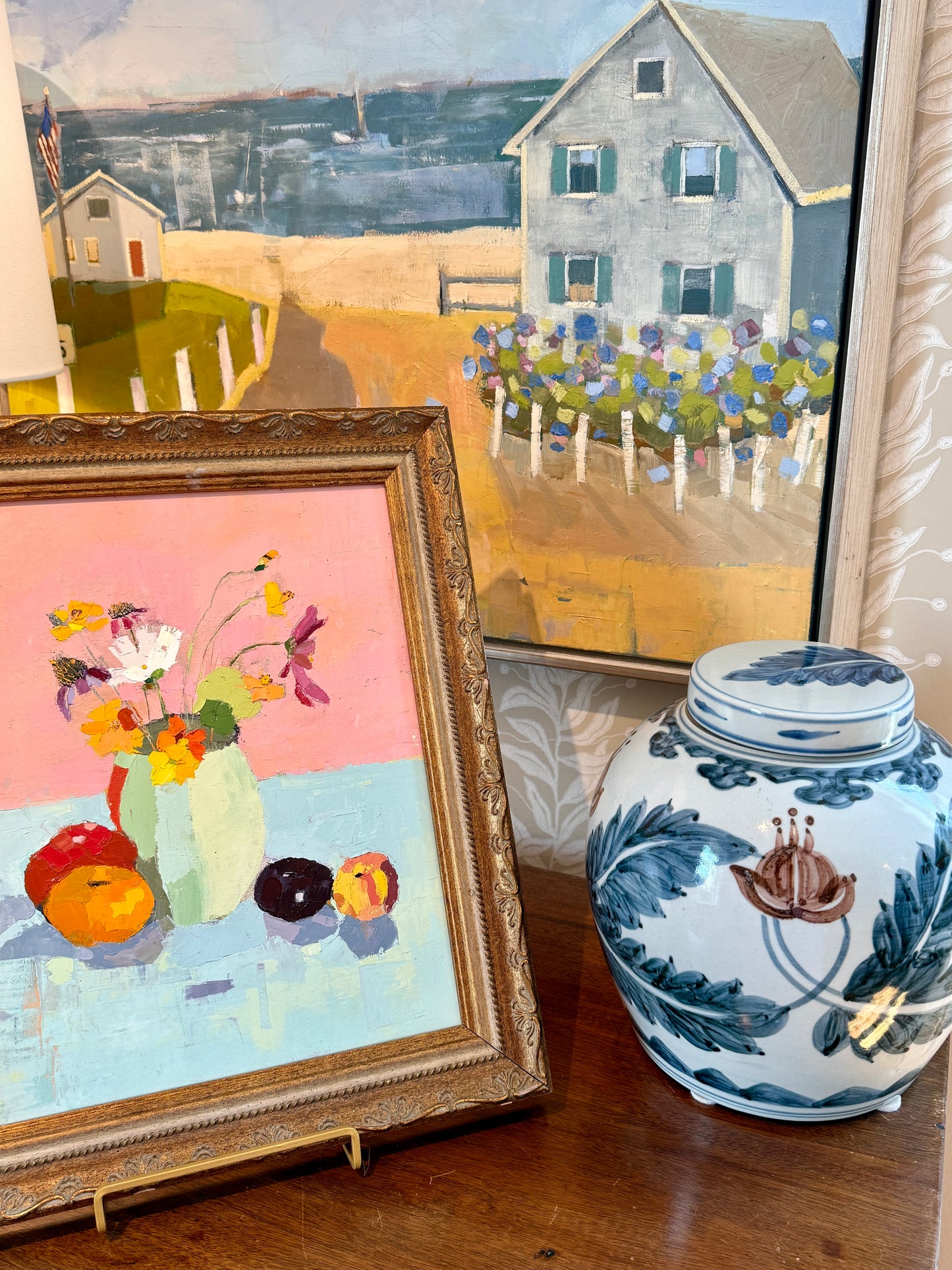 Gretchen McGinnis She's So Pretty Floral and Fruit Summer Still Life Oil Painting in Vintage Gold Frame