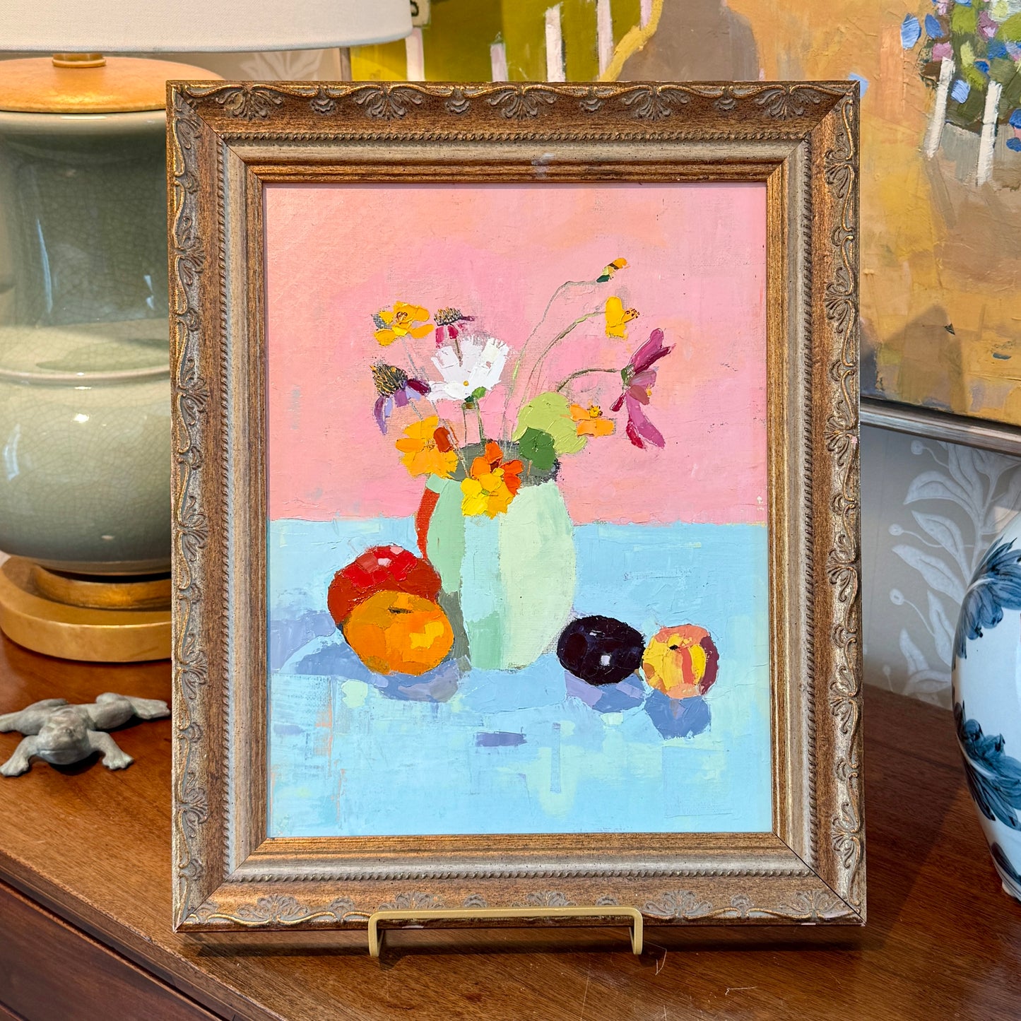 Gretchen McGinnis She's So Pretty Floral and Fruit Summer Still Life Oil Painting in Vintage Gold Frame