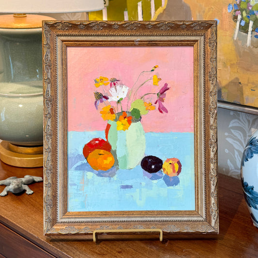 Gretchen McGinnis She's So Pretty Floral and Fruit Summer Still Life Oil Painting in Vintage Gold Frame