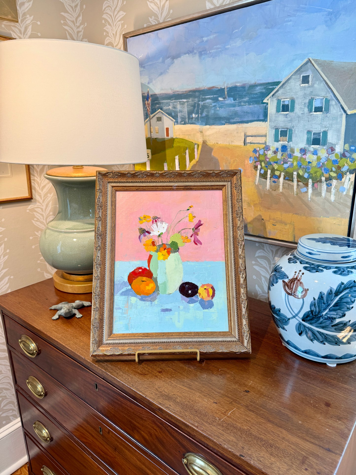 Gretchen McGinnis She's So Pretty Floral and Fruit Summer Still Life Oil Painting in Vintage Gold Frame