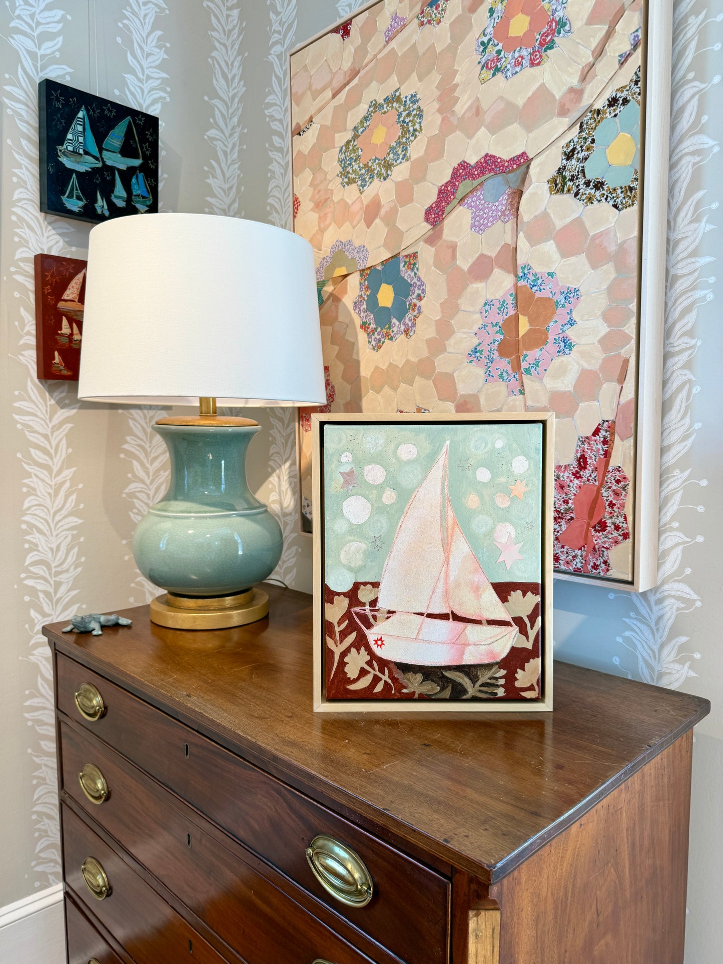 Lauren DeMarco Front and Center Sailboat Mixed Media in Natural Maple Floater Frame