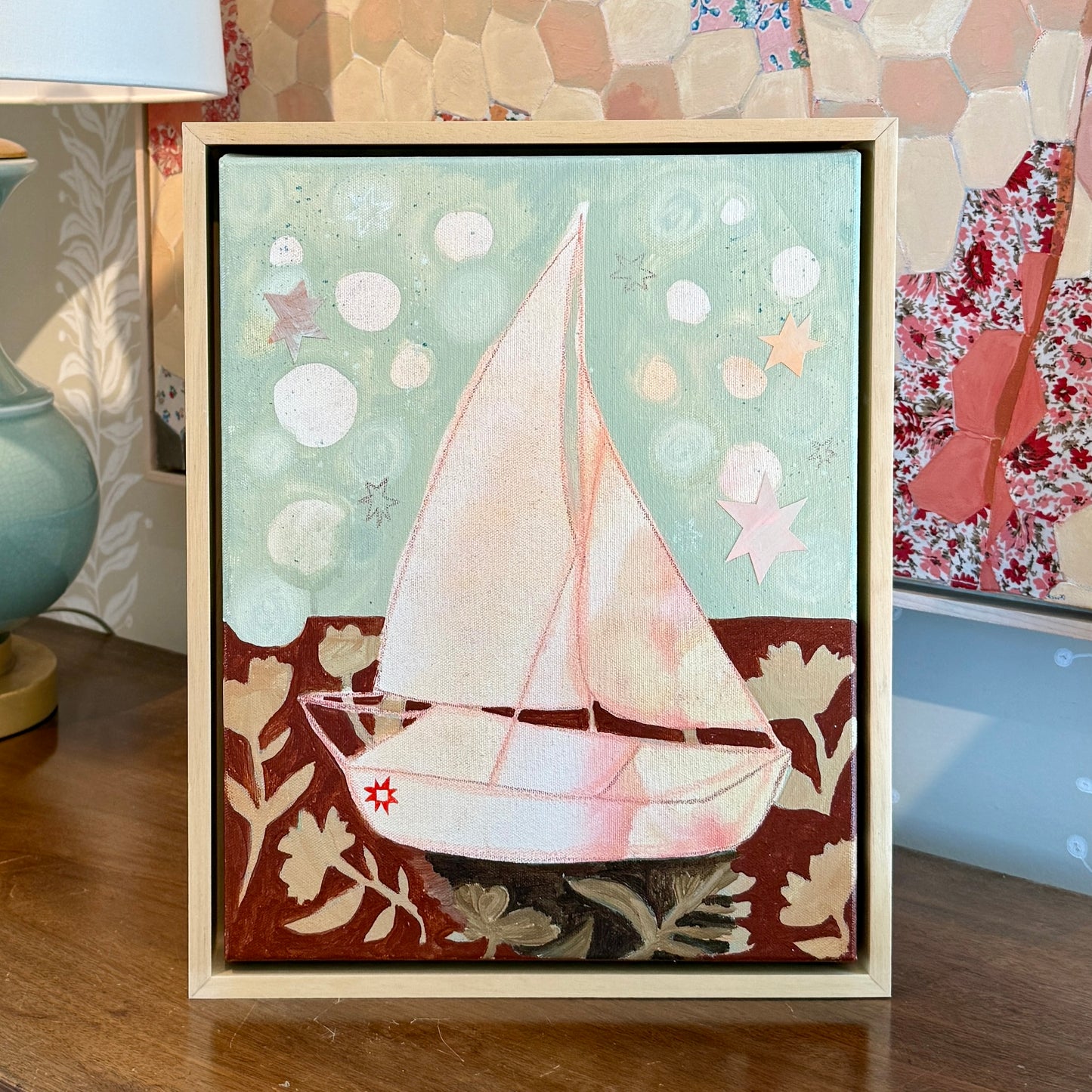 Lauren DeMarco Front and Center Sailboat Mixed Media in Natural Maple Floater Frame