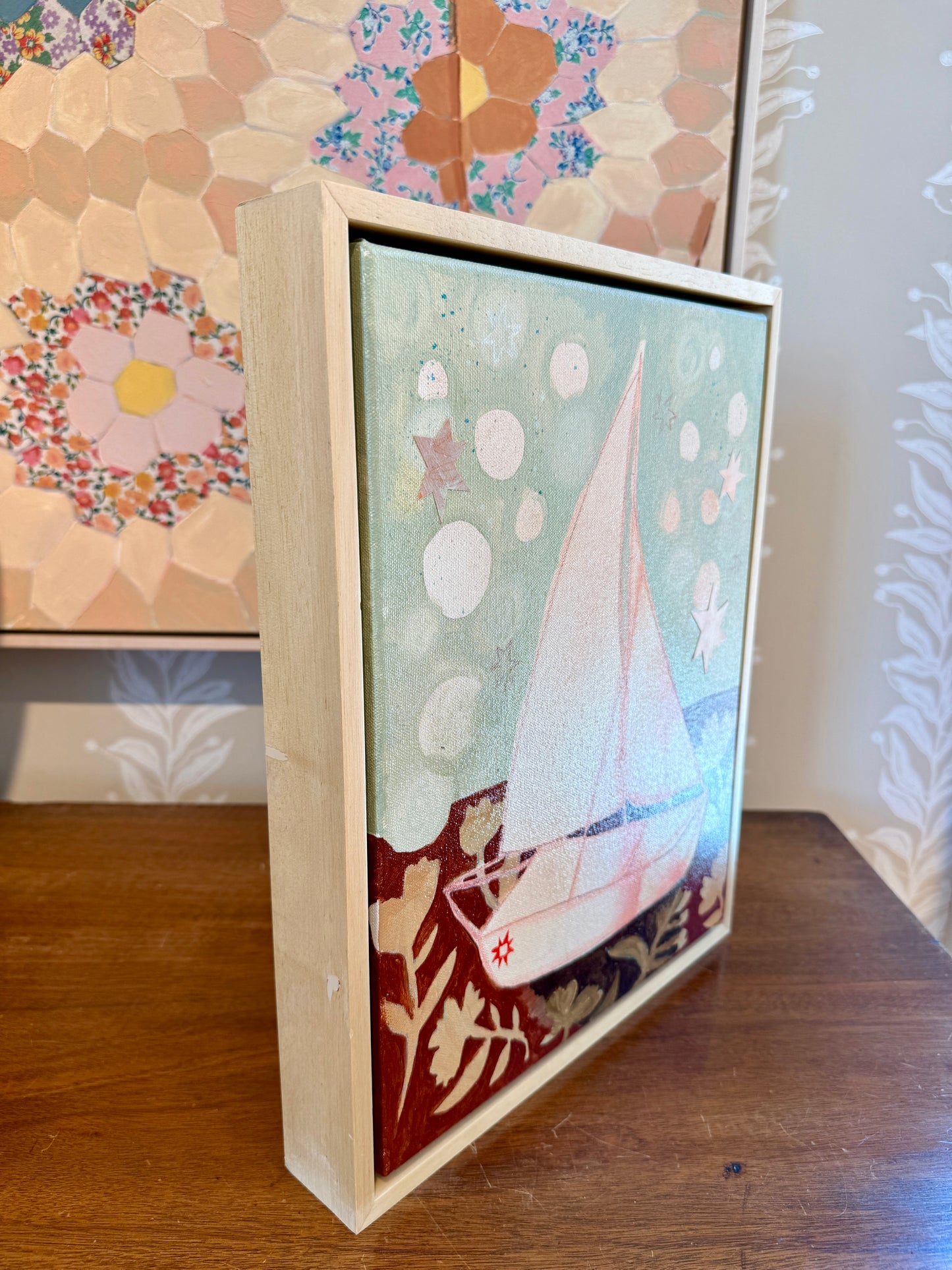 Lauren DeMarco Front and Center Sailboat Mixed Media in Natural Maple Floater Frame