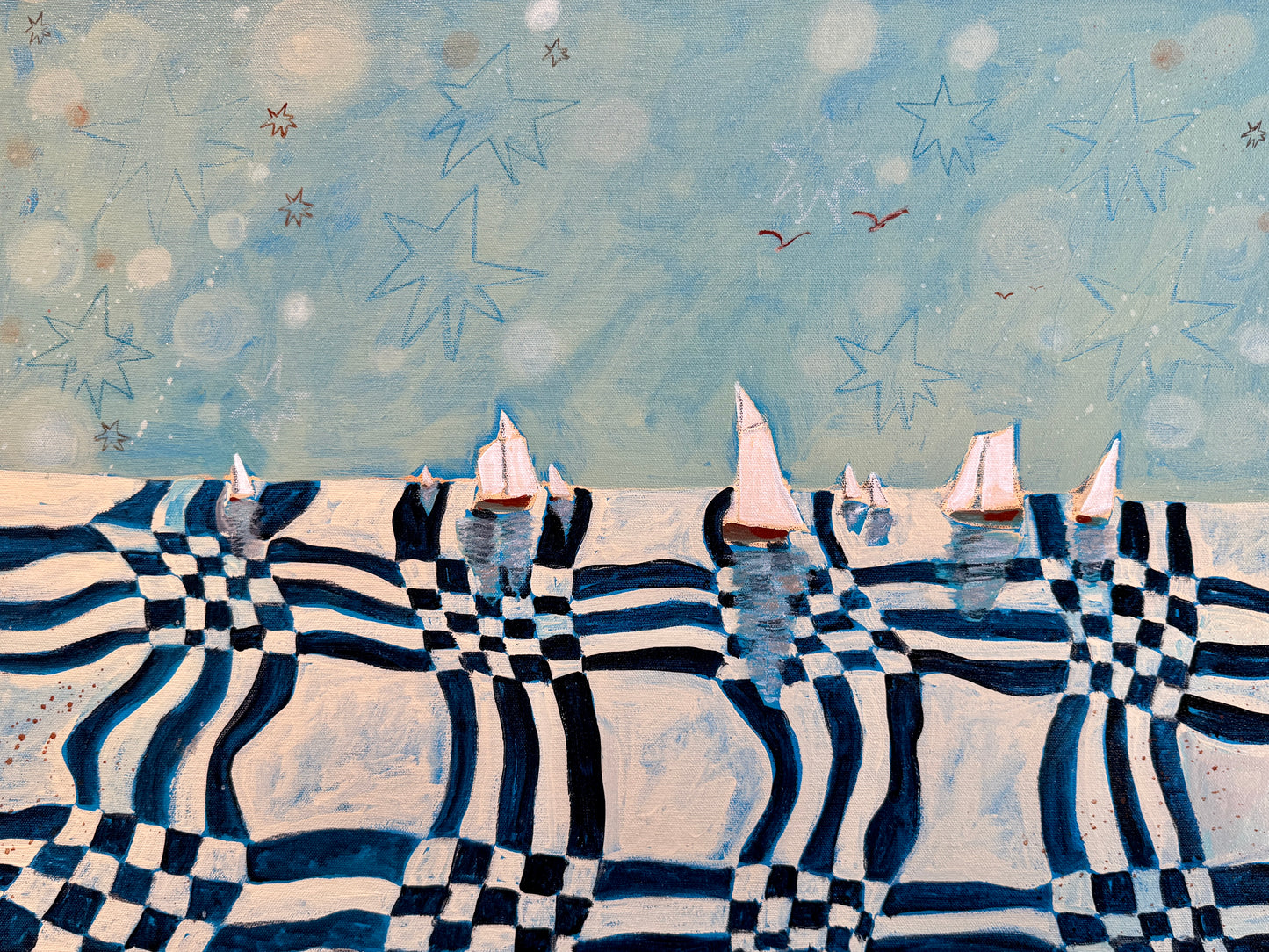 Lauren DeMarco Warped Narrative Acrylic Painting in Natural Maple Wood Frame