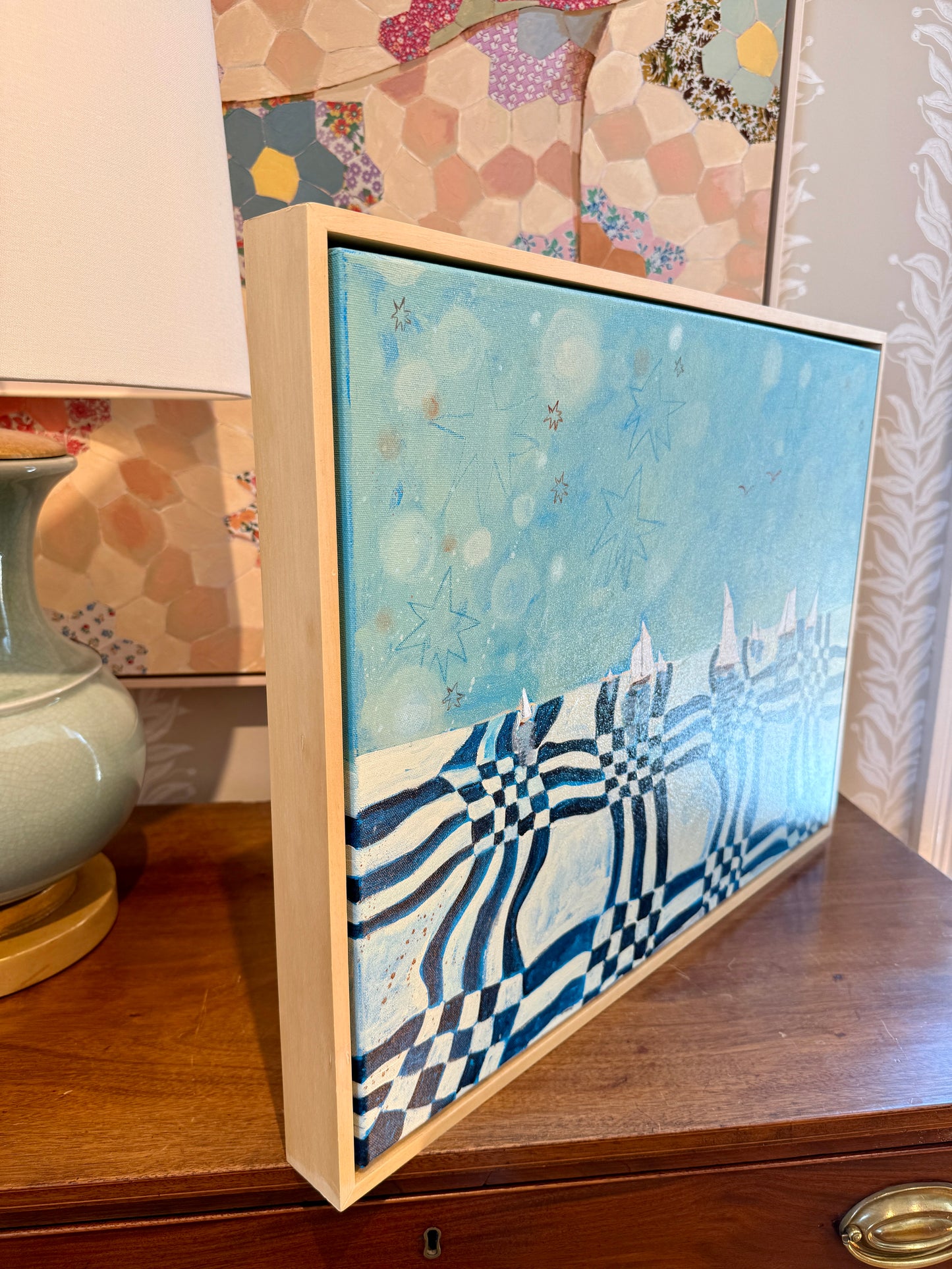 Lauren DeMarco Warped Narrative Acrylic Painting in Natural Maple Wood Frame