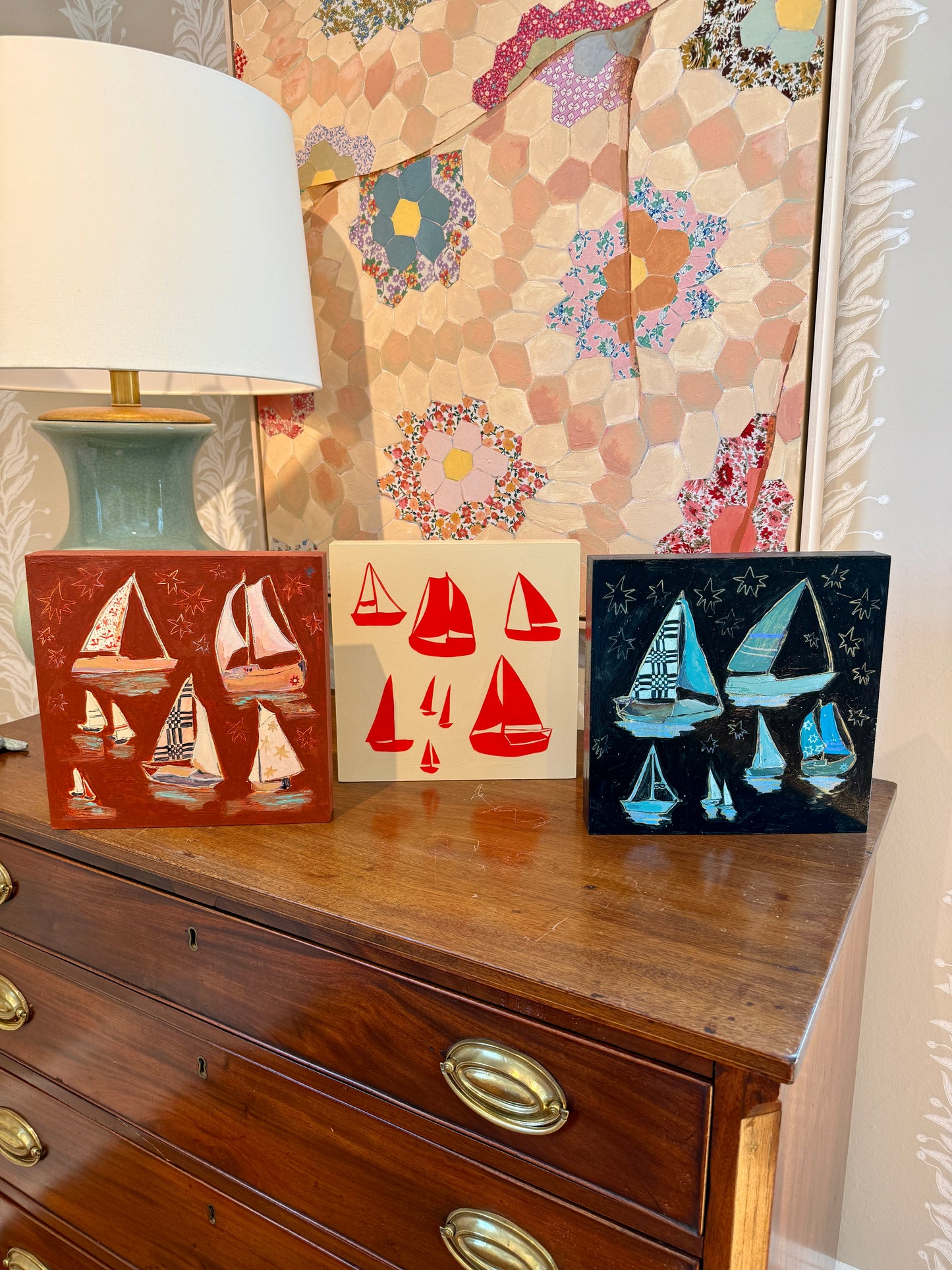 Lauren DeMarco Stow Away (Red) Sailboat Mixed Media on Wood Panel