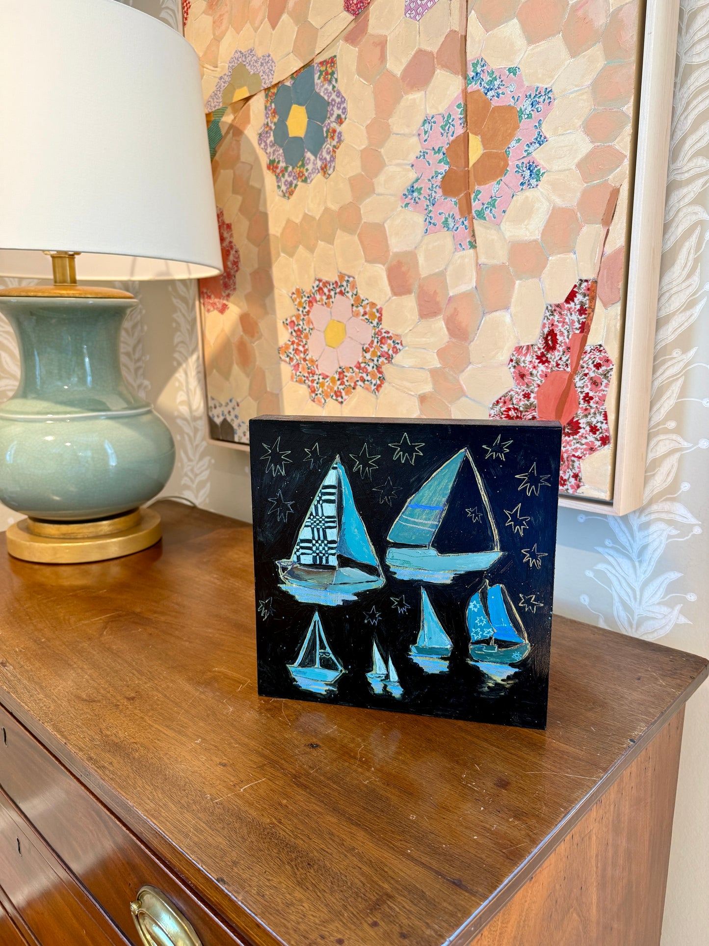 Lauren DeMarco Stow Away (Blue) Sailboat Mixed Media on Wood Panel