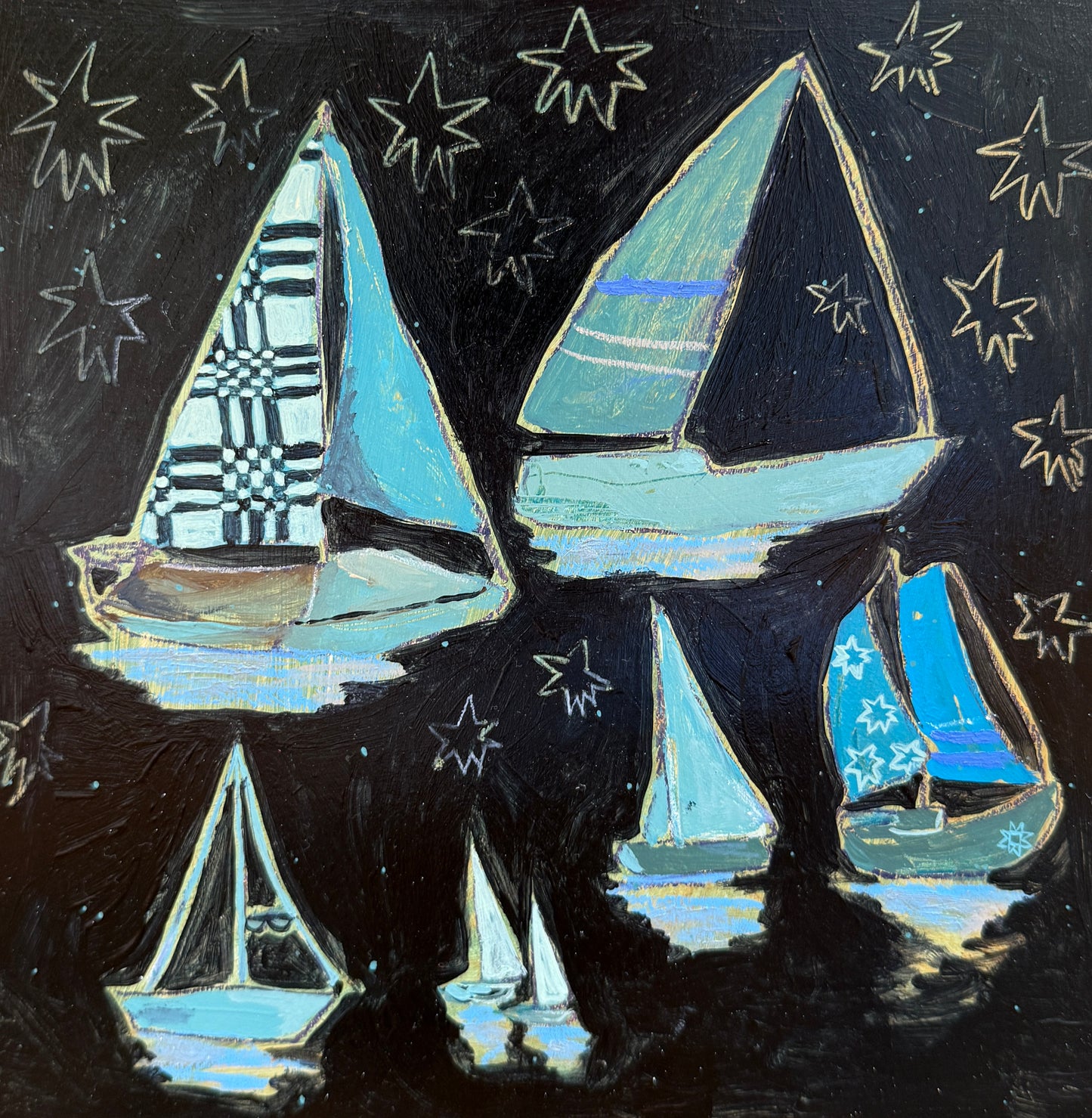 Lauren DeMarco Stow Away (Blue) Sailboat Mixed Media on Wood Panel