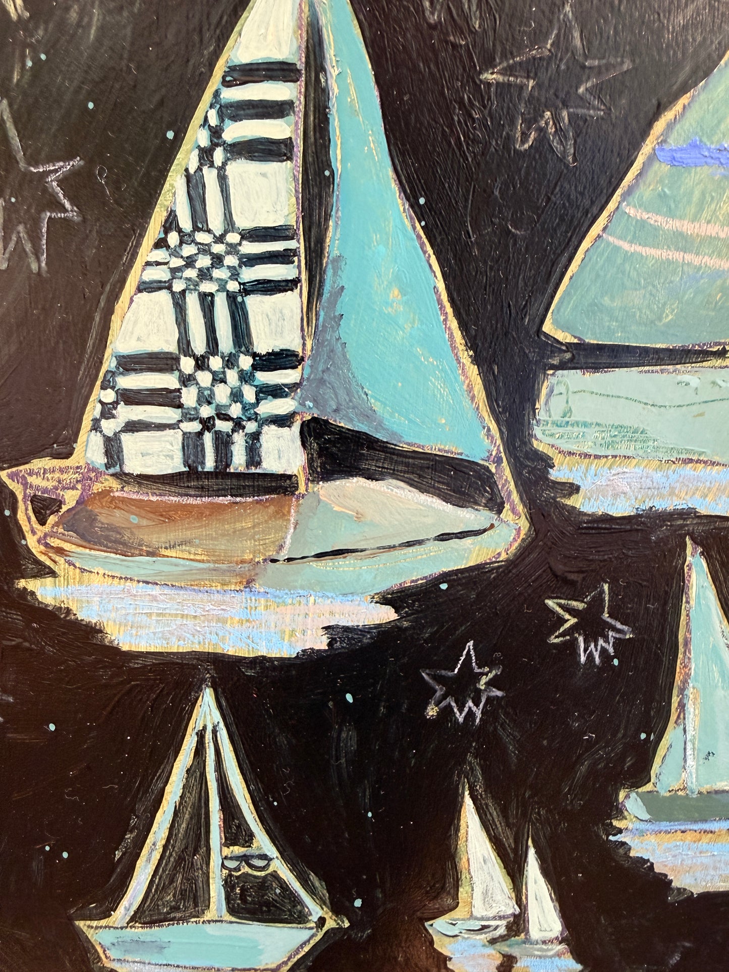 Lauren DeMarco Stow Away (Blue) Sailboat Mixed Media on Wood Panel