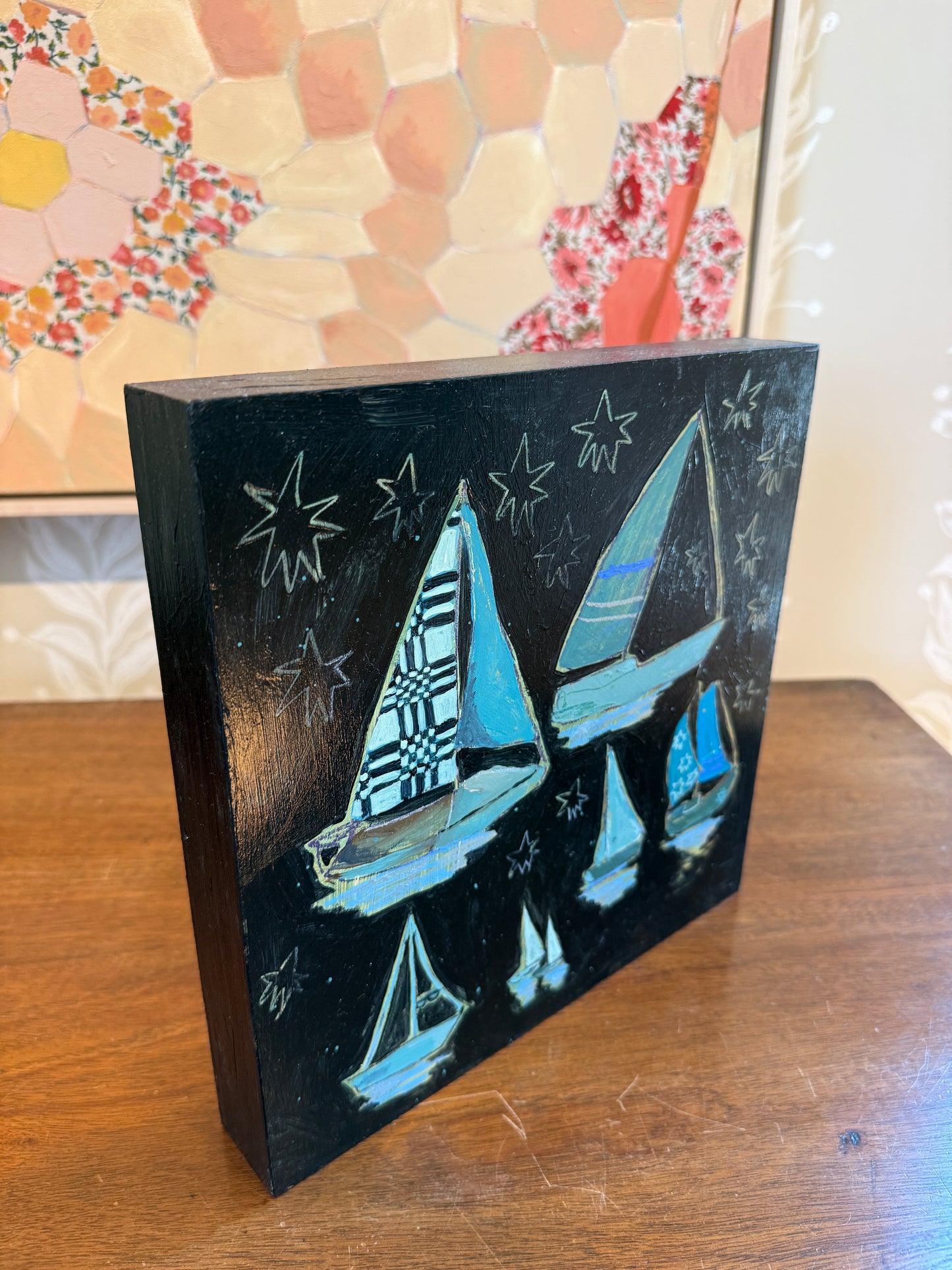 Lauren DeMarco Stow Away (Blue) Sailboat Mixed Media on Wood Panel