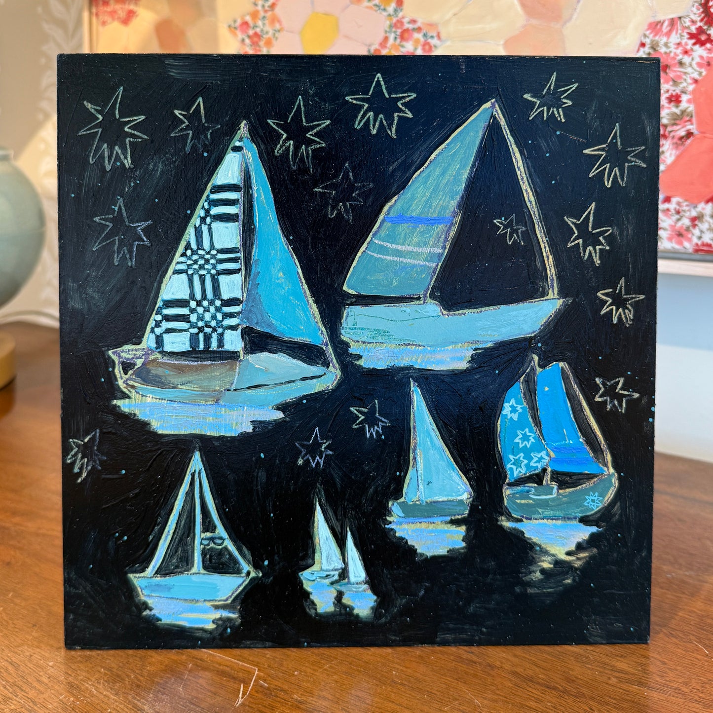 Lauren DeMarco Stow Away (Blue) Sailboat Mixed Media on Wood Panel