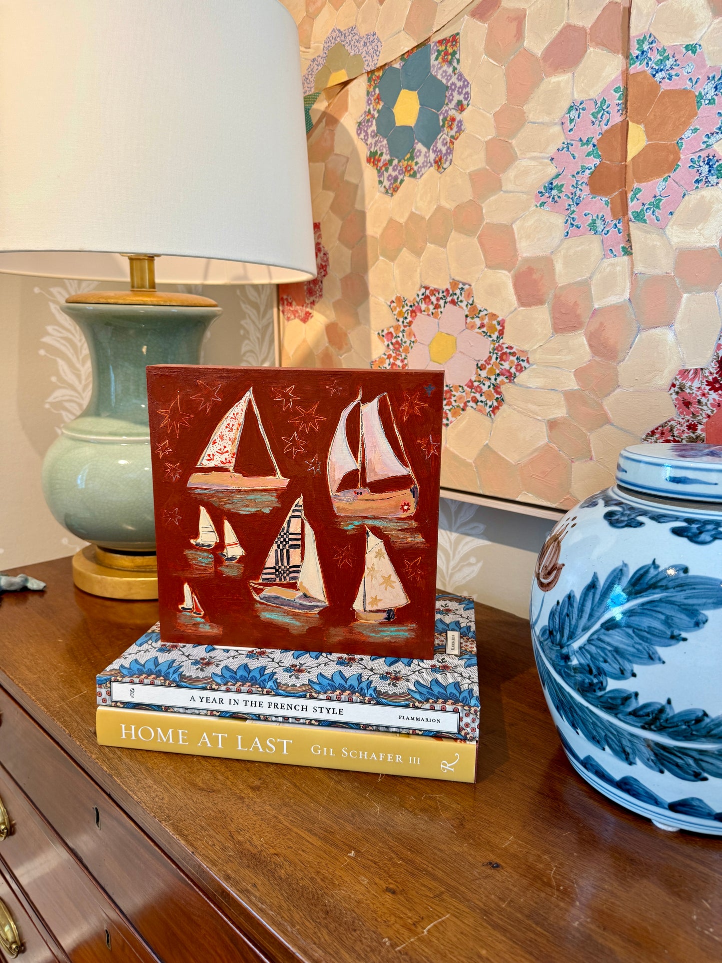 Lauren DeMarco Stow Away (Red) Sailboat Mixed Media on Wood Panel