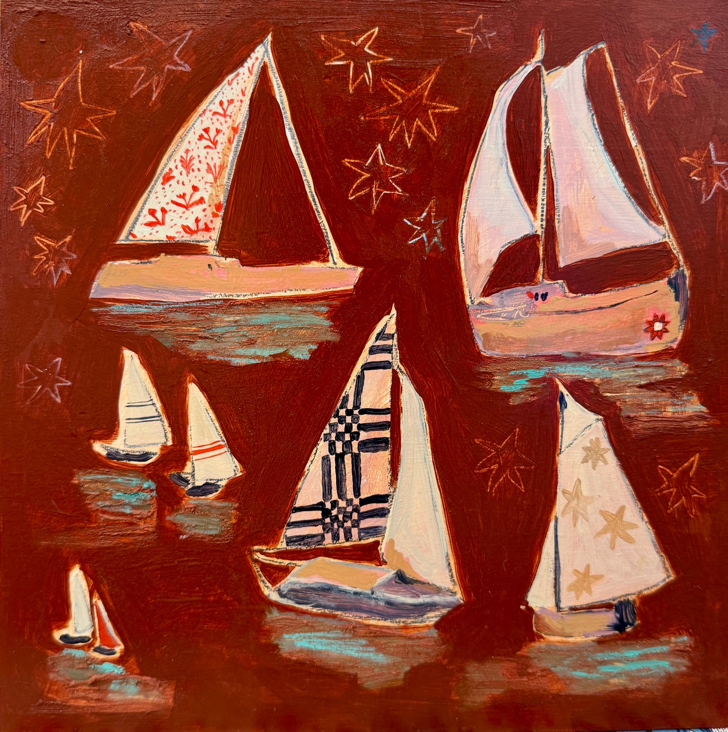 Lauren DeMarco Stow Away (Red) Sailboat Mixed Media on Wood Panel