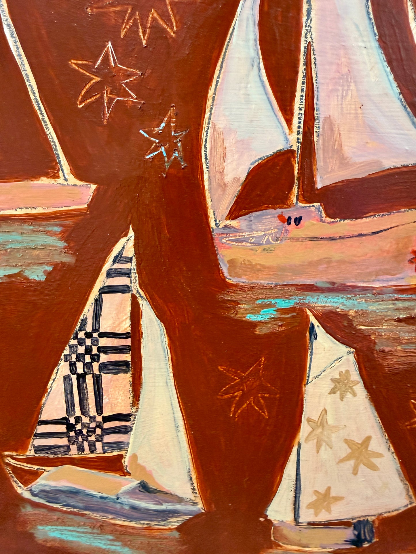 Lauren DeMarco Stow Away (Red) Sailboat Mixed Media on Wood Panel