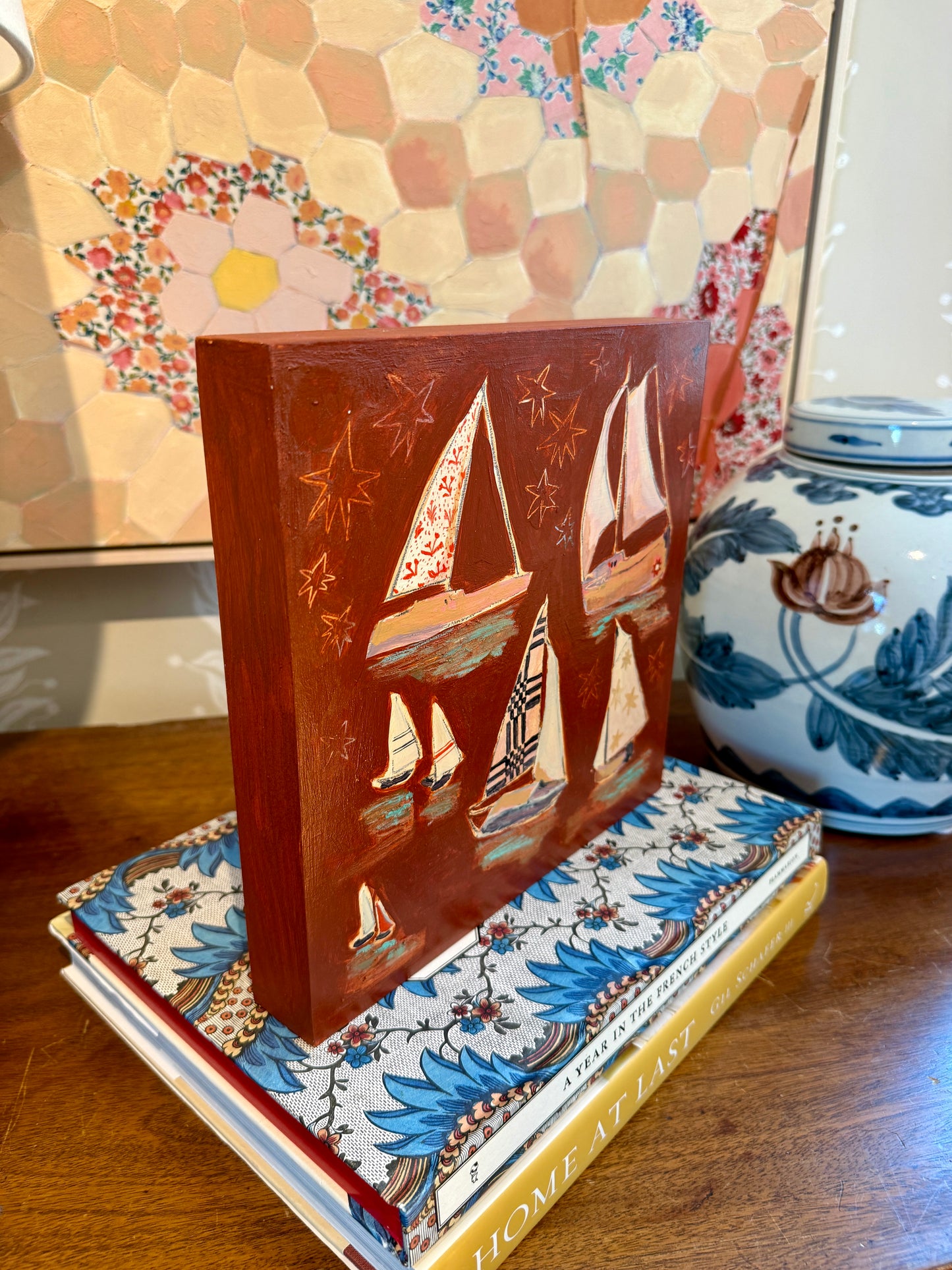 Lauren DeMarco Stow Away (Red) Sailboat Mixed Media on Wood Panel