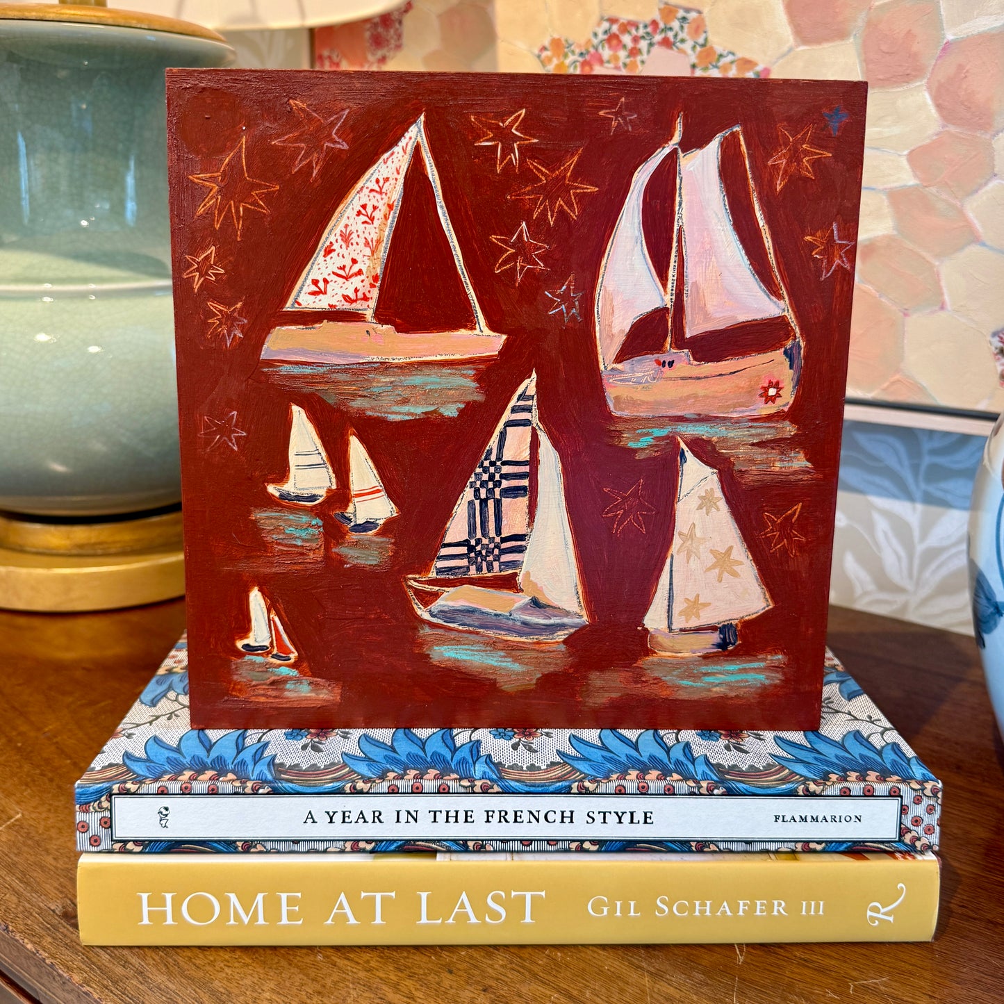 Lauren DeMarco Stow Away (Red) Sailboat Mixed Media on Wood Panel