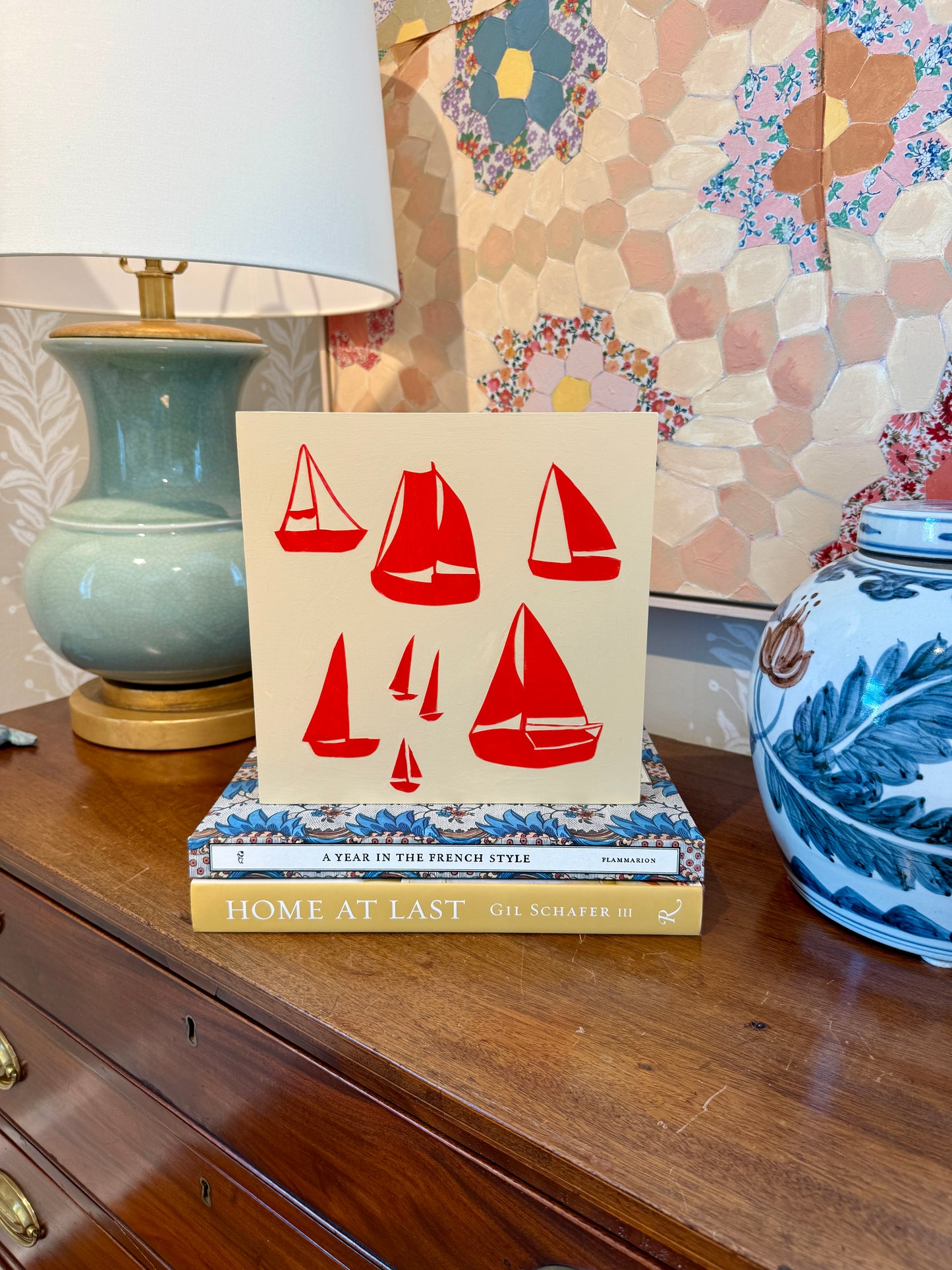 Lauren DeMarco Crystal Clear Sailboat Paper and Acrylic Painting on Wood Panel