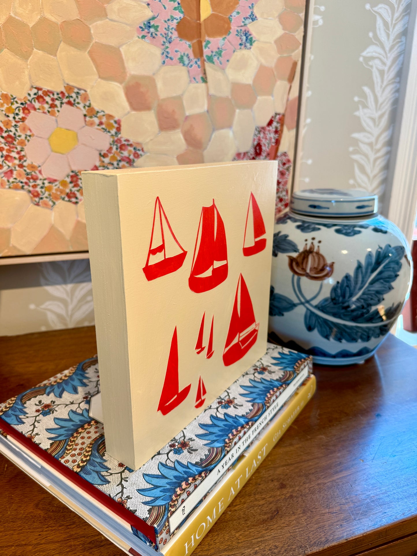 Lauren DeMarco Crystal Clear Sailboat Paper and Acrylic Painting on Wood Panel