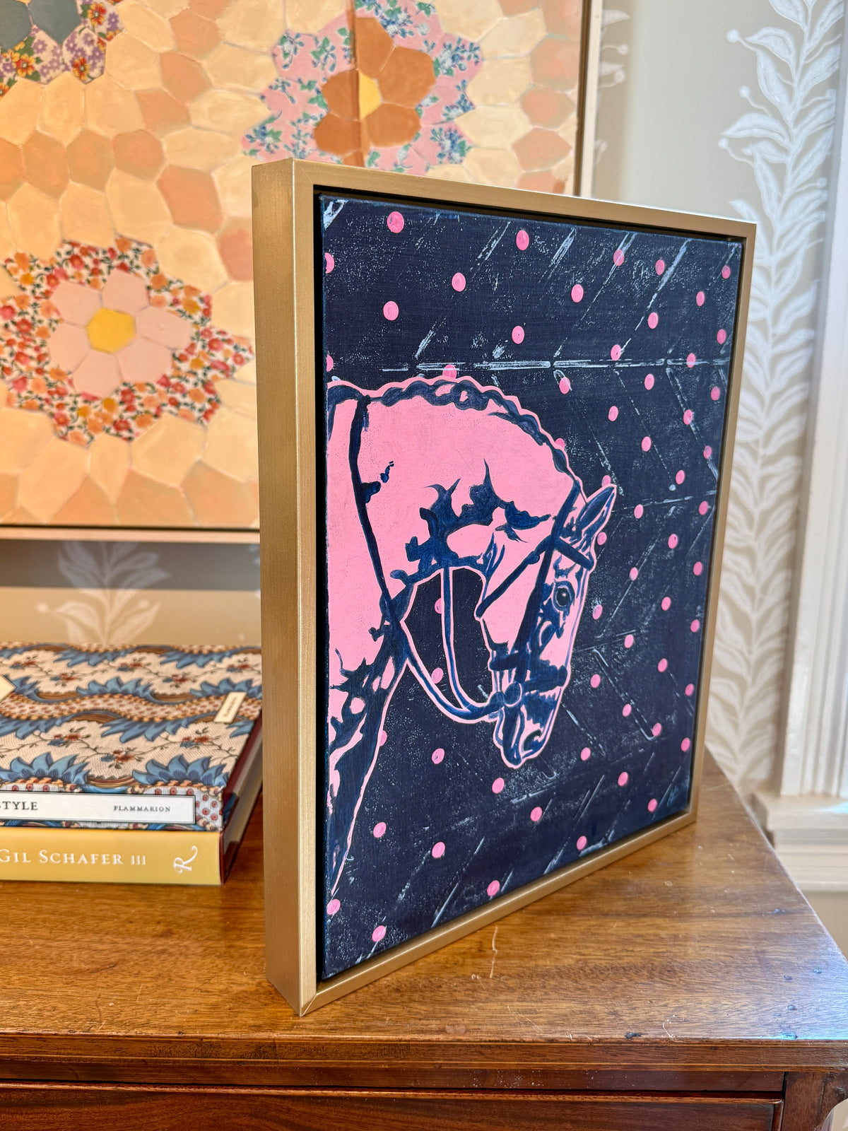 Heather Carey Head Turner Horse Portrait Mixed Media in Gold Floater Frame