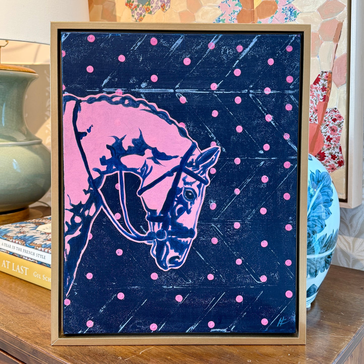 Heather Carey Head Turner Horse Portrait Mixed Media in Gold Floater Frame