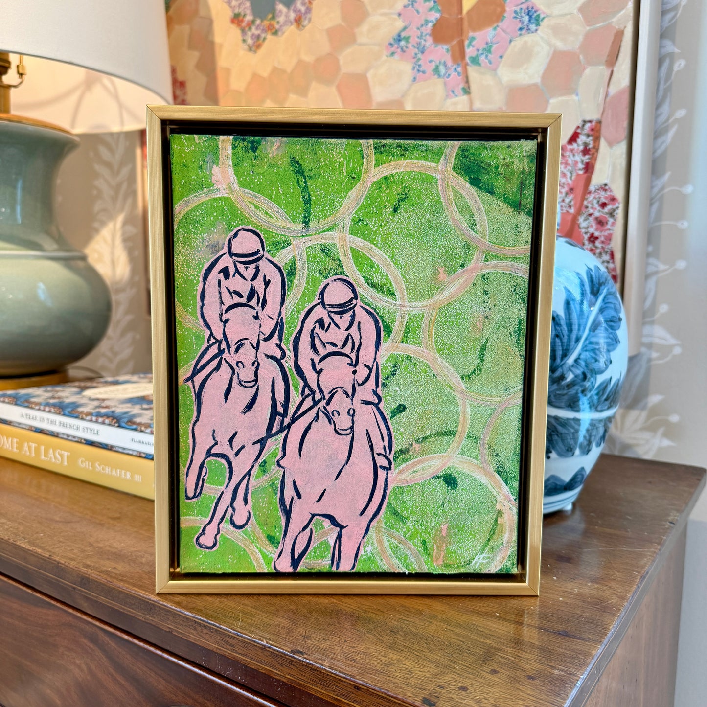 Heather Carey Neck and Neck Horse Portrait Mixed Media in Gold Floater Frame