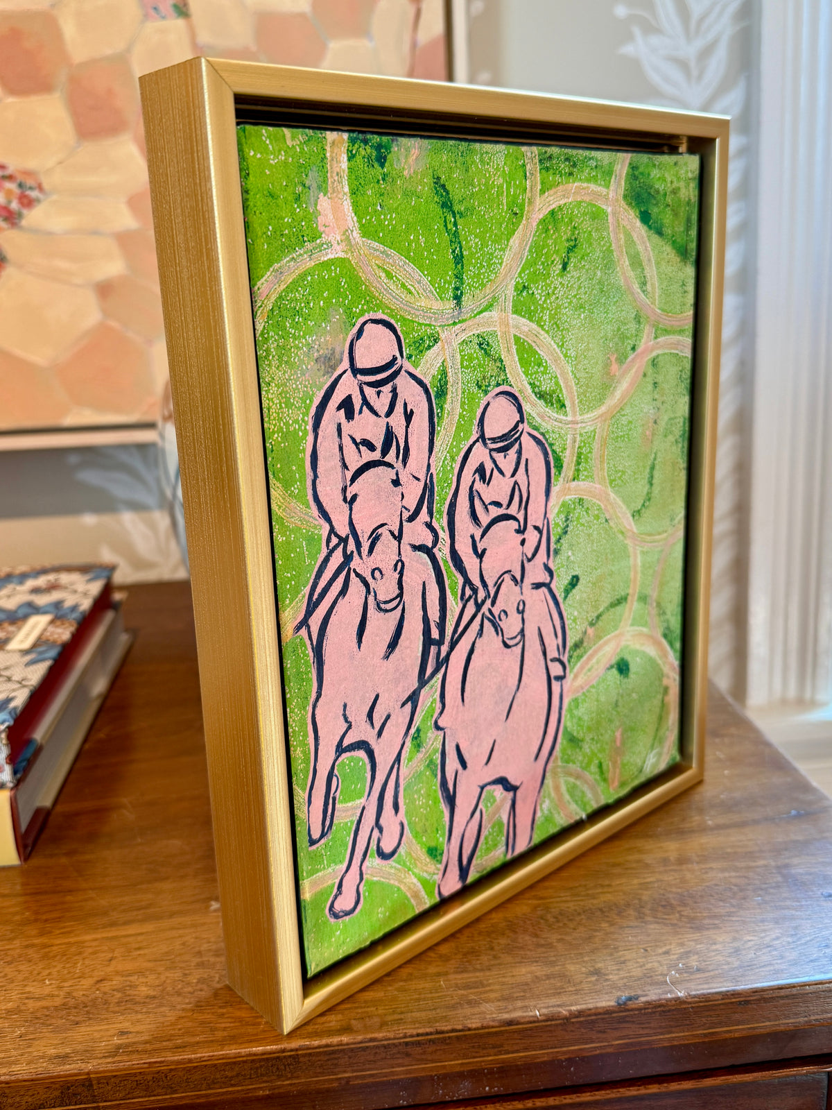 Heather Carey Neck and Neck Horse Portrait Mixed Media in Gold Floater Frame