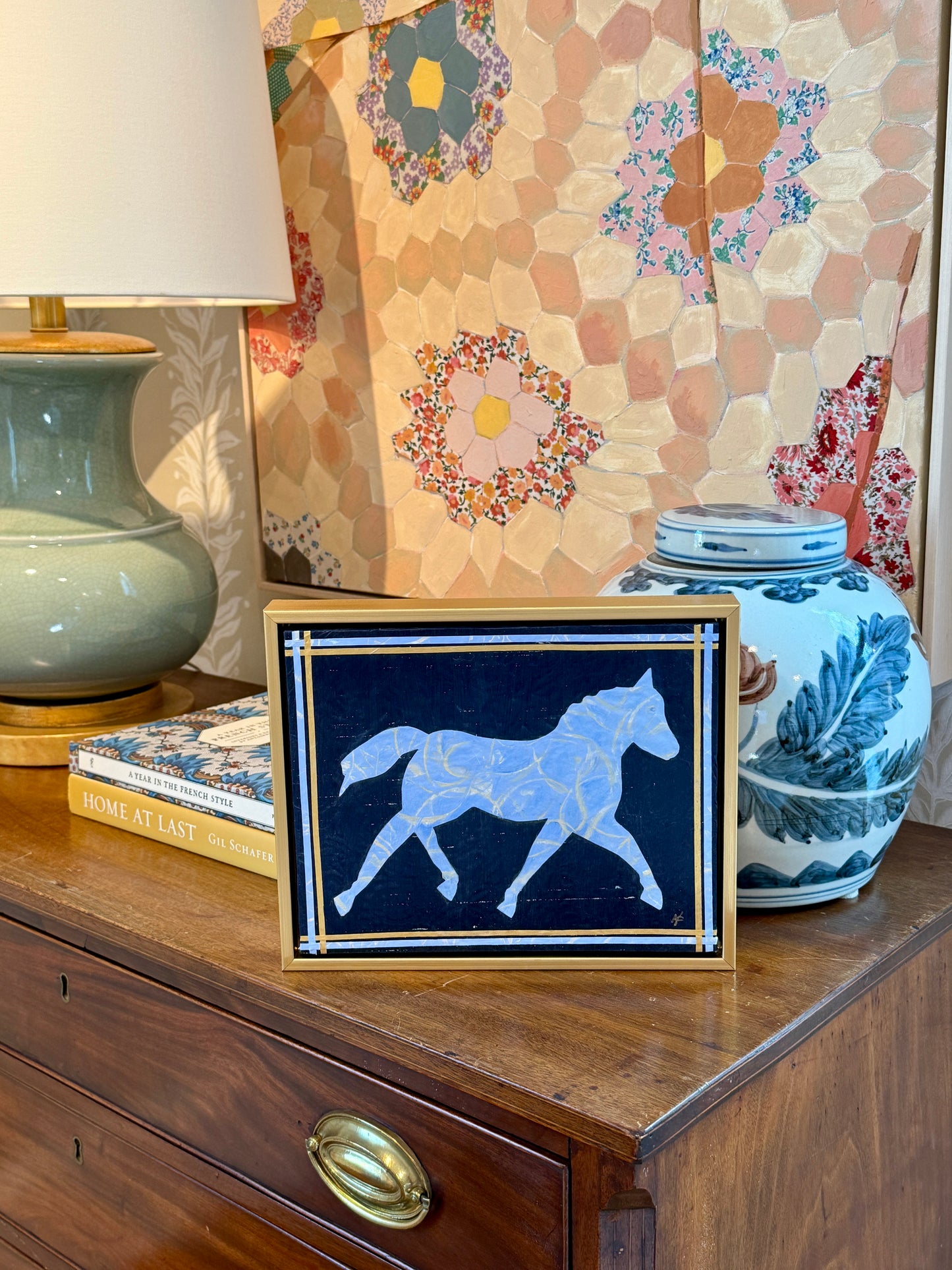 Heather Carey Dress Blues Horse Portrait Mixed Media in Gold Floater Frame