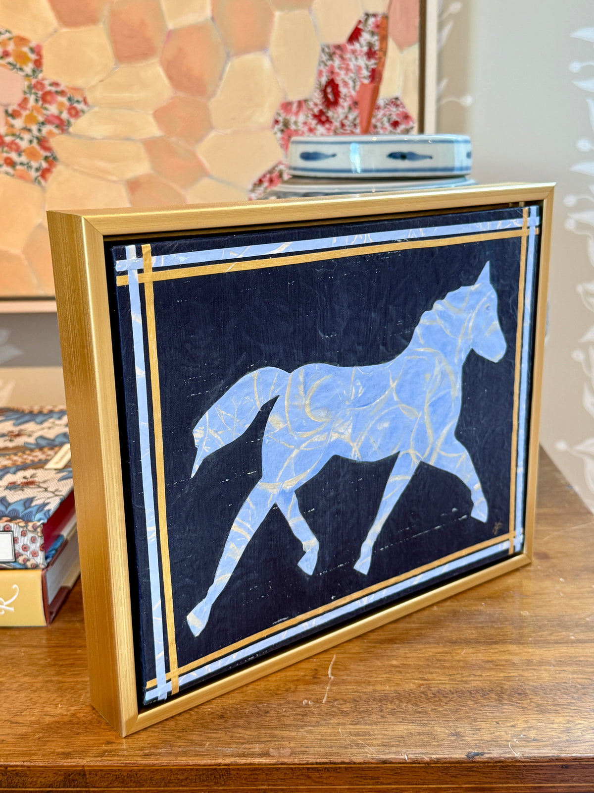 Heather Carey Dress Blues Horse Portrait Mixed Media in Gold Floater Frame