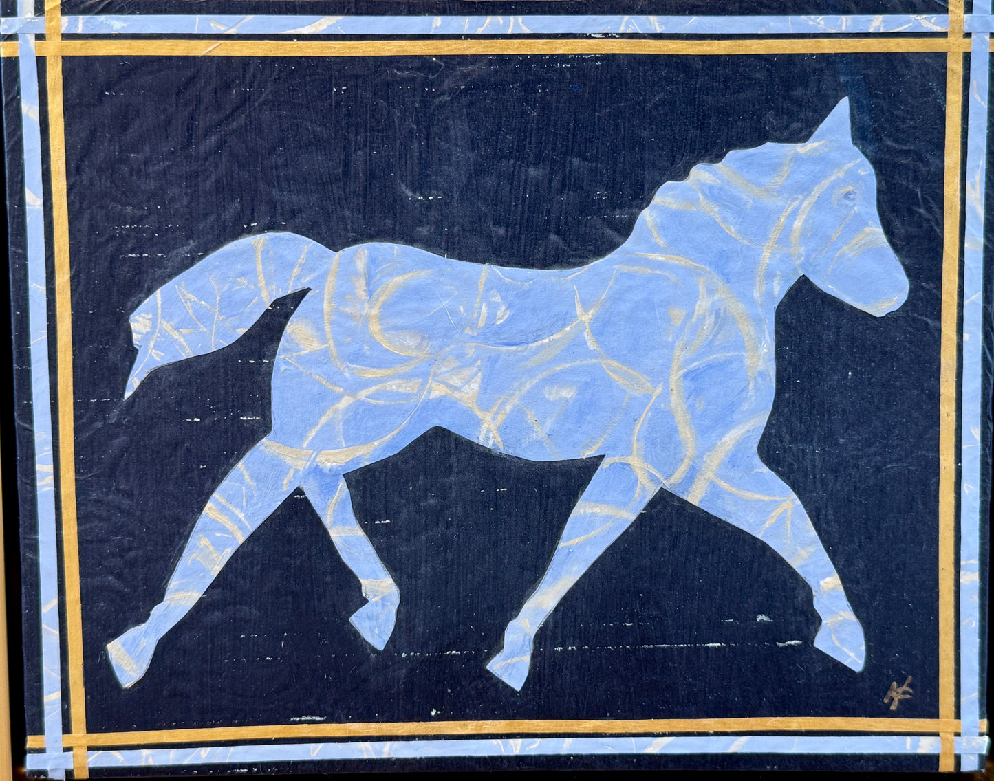 Heather Carey Dress Blues Horse Portrait Mixed Media in Gold Floater Frame