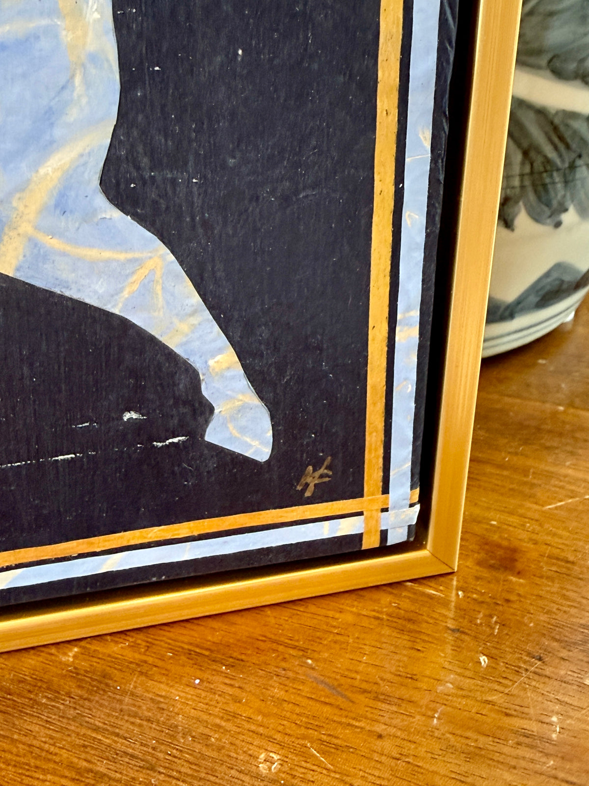 Heather Carey Dress Blues Horse Portrait Mixed Media in Gold Floater Frame