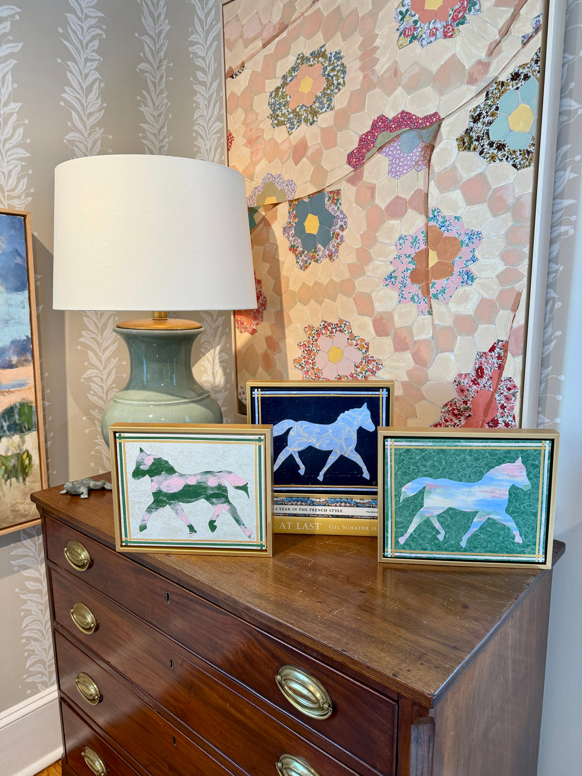 Heather Carey Dress Blues Horse Portrait Mixed Media in Gold Floater Frame