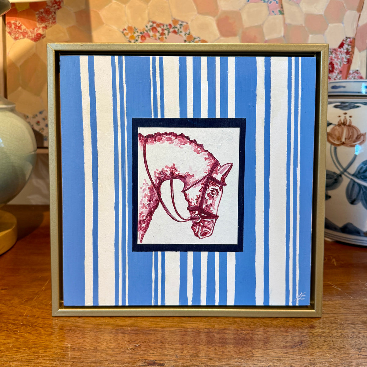 Heather Carey Blue Ribbon Horse Portrait Mixed Media in Gold Floater Frame