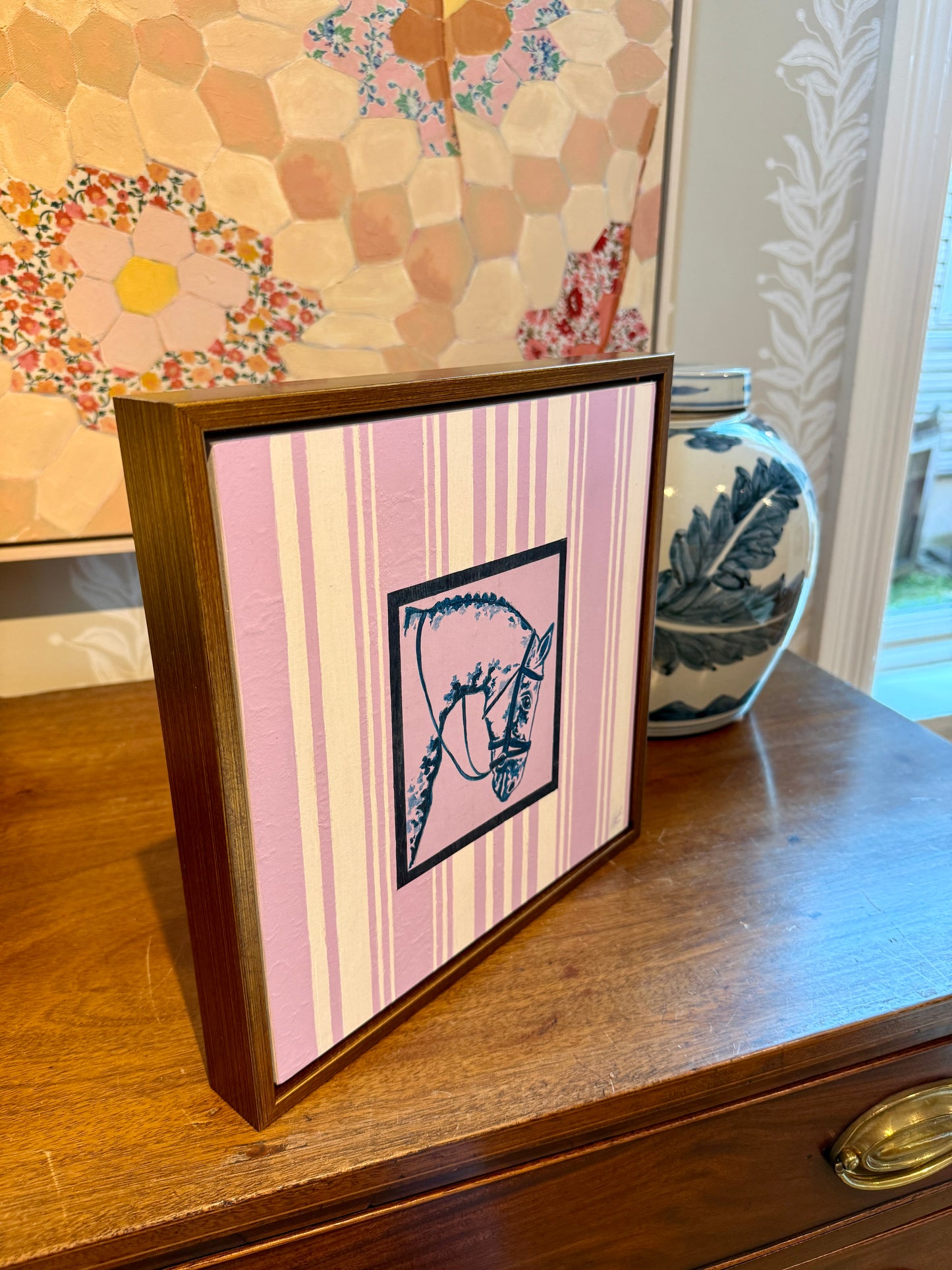 Heather Carey Properly Turned Out Horse Portrait Mixed Media in Gold Floater Frame