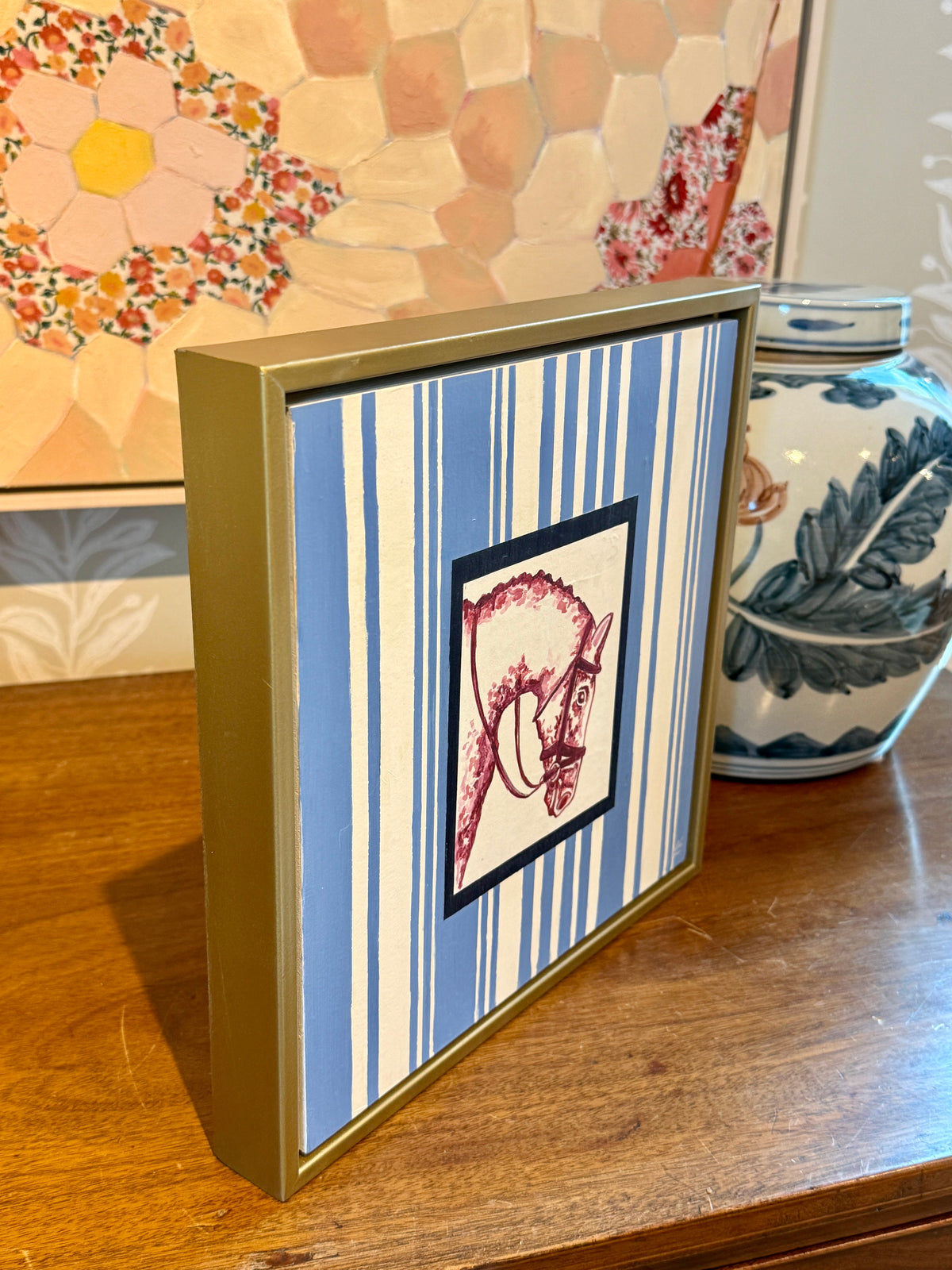 Heather Carey Blue Ribbon Horse Portrait Mixed Media in Gold Floater Frame